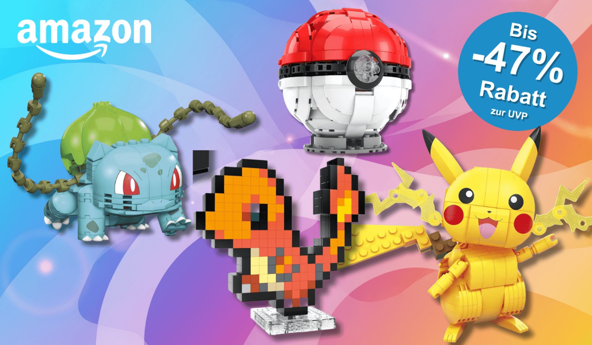 Verschiedene Pokemon Bausteinsets von Pikachu, Bisasam, Glumanda und einem Pokeball vor einem bunten Hintergrund.