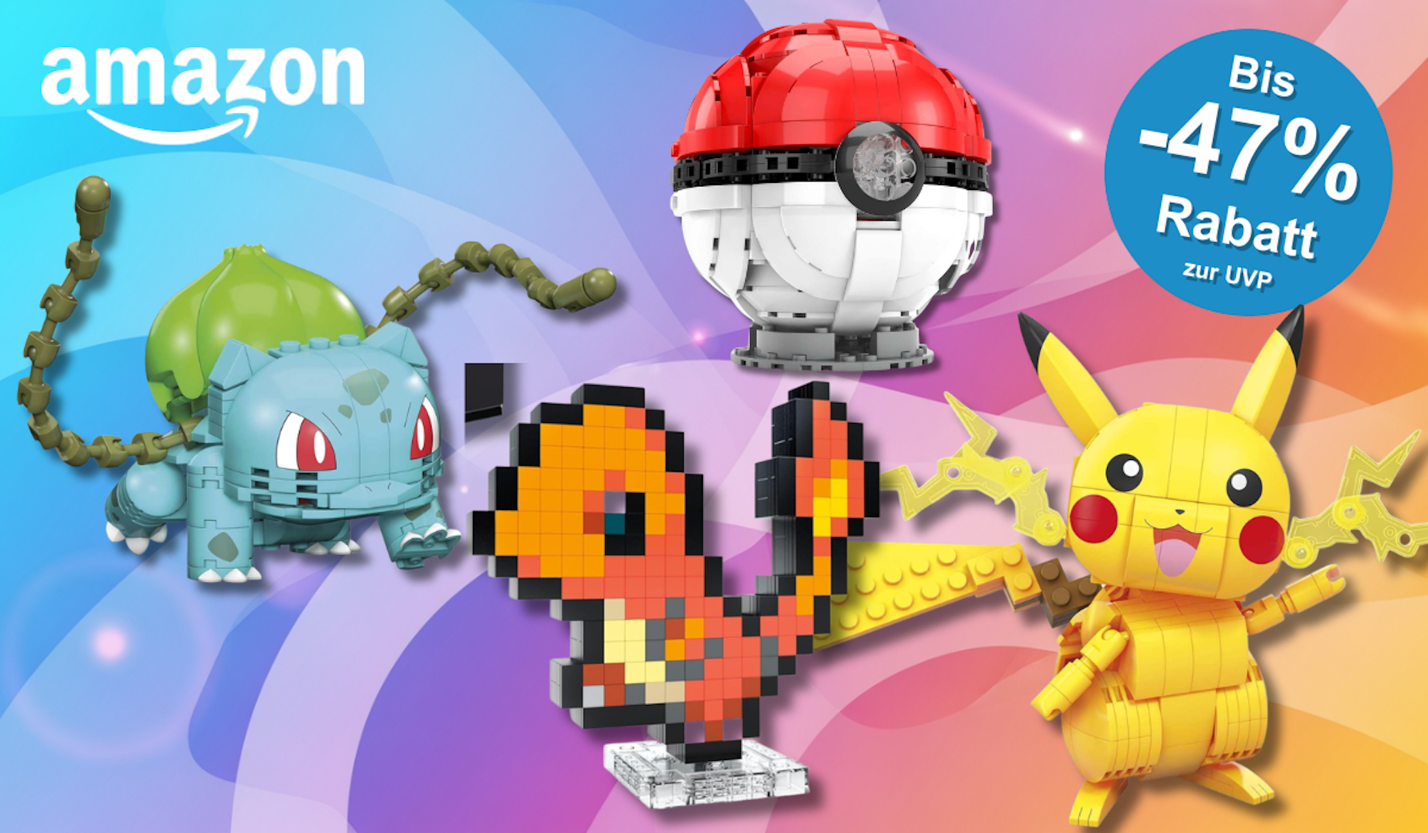 Verschiedene Pokemon Bausteinsets von Pikachu, Bisasam, Glumanda und einem Pokeball vor einem bunten Hintergrund.