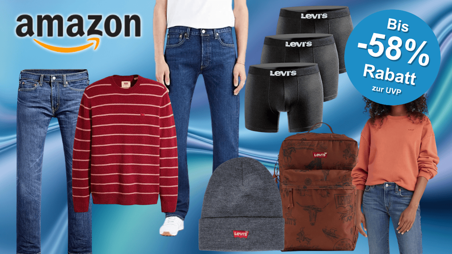 Produktbilder von Levi's Jeans, Pullovern, Mützen und weiteren Artikeln.