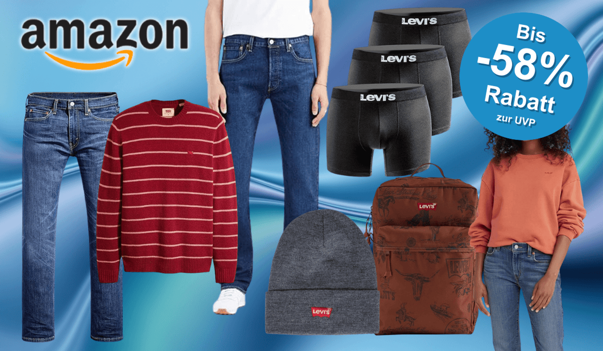 Produktbilder von Levi's Jeans, Pullovern, Mützen und weiteren Artikeln.