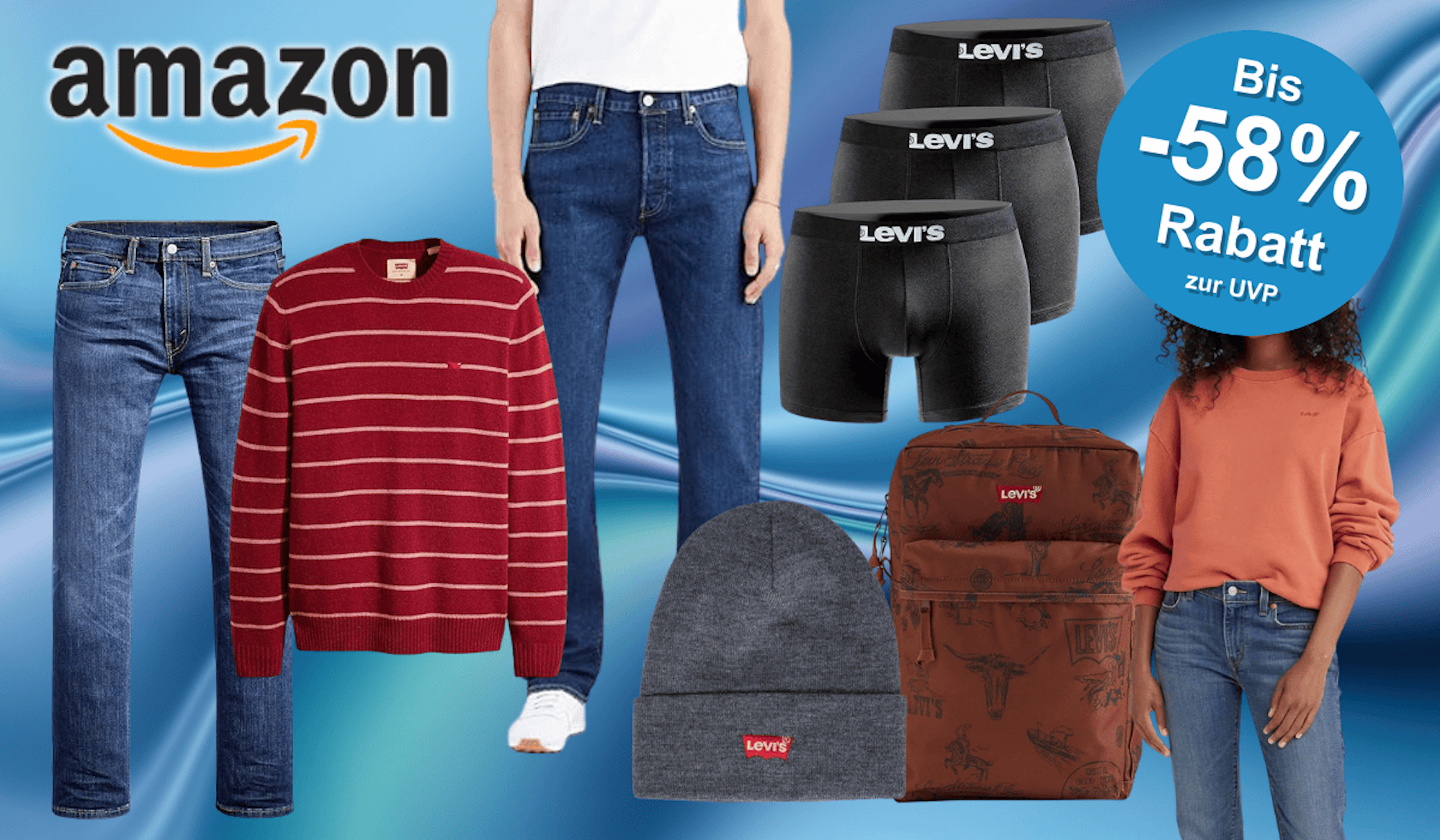 Produktbilder von Levi's Jeans, Pullovern, Mützen und weiteren Artikeln.