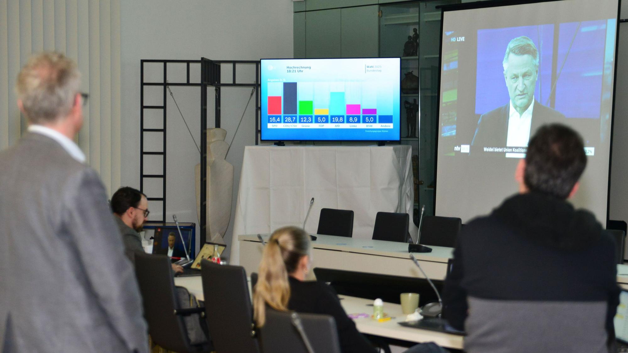 Bei allen Wahlen – hier bei der Bundestagswahl 2025 – verfolgen Politiker und Besucher die Ergebnisse aufmerksam.