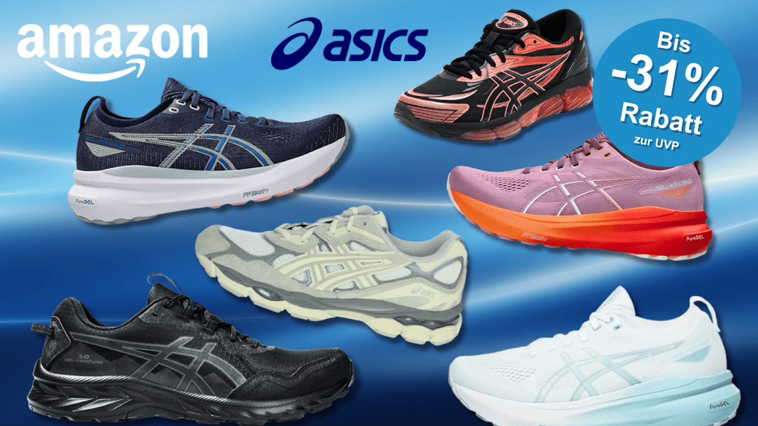 Eine Darstellung von 6 verschiedenen ASICS Modellen vor einem blauen Hintergrund.