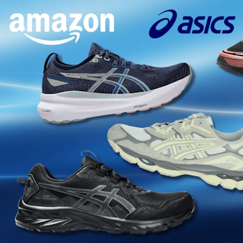 Eine Darstellung von 6 verschiedenen ASICS Modellen vor einem blauen Hintergrund.