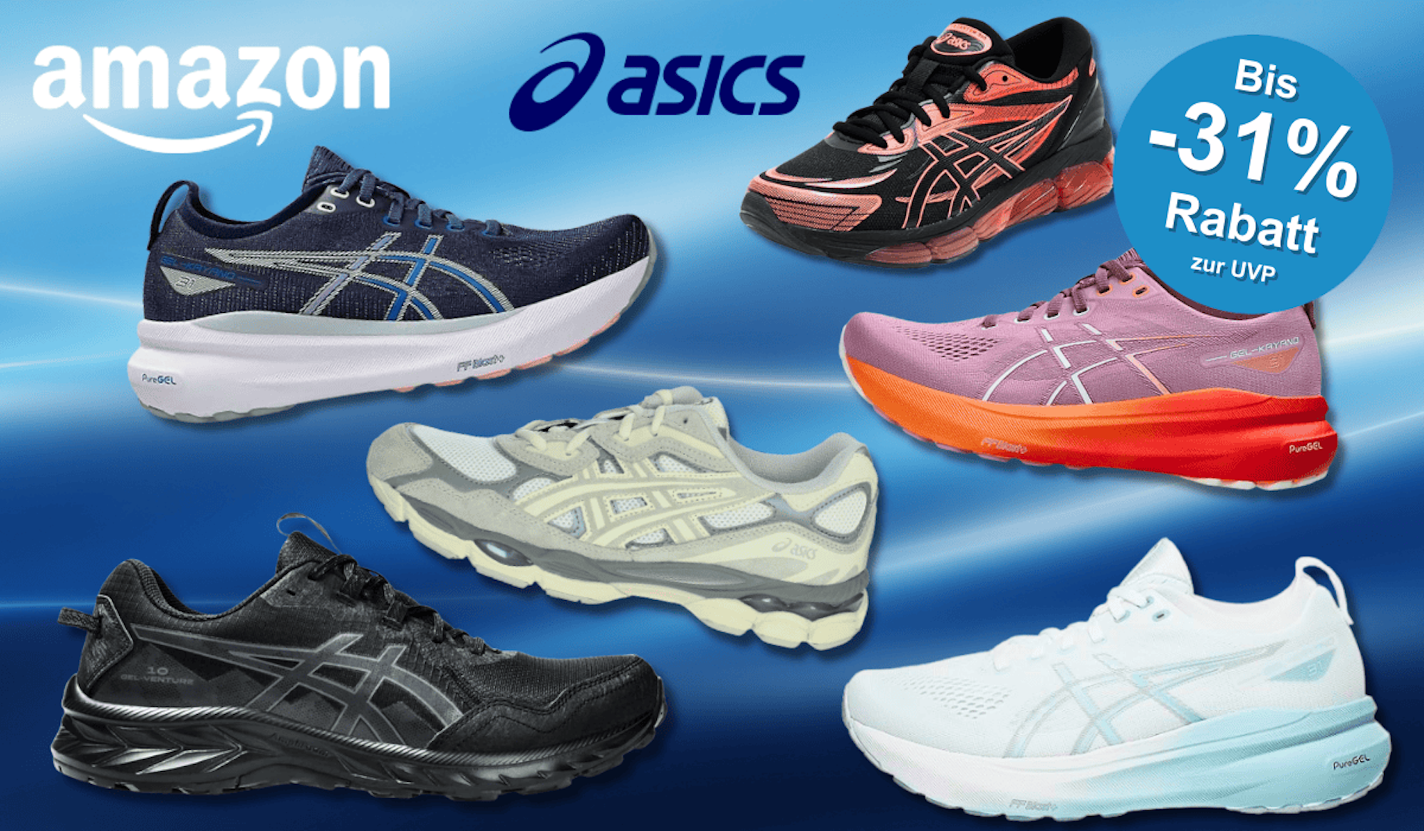 Eine Darstellung von 6 verschiedenen ASICS Modellen vor einem blauen Hintergrund.