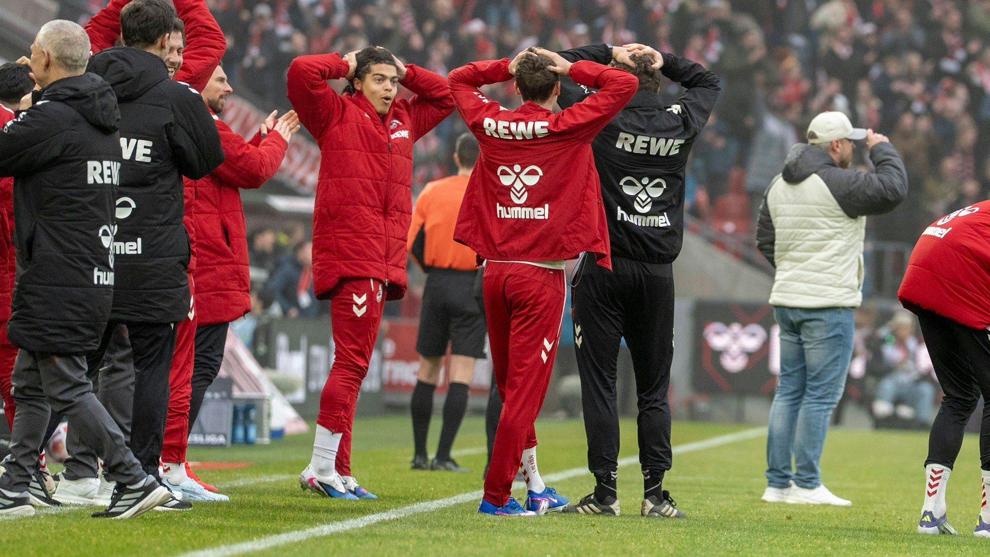 Die Bank jubelt über das Tor von Ragnar Ache 1. FC Koeln, 9 zum 1-0. Ganz rechts: Lukas Kwasnoik 1.FC Koeln, Headcoach, Coach, Trainer The bench cheers over the goal of Ragnar Ache 1. FC Koeln, 9 to 1-0. On the far right: Lukas Kwasnoik 1. FC Koeln, Headcoach, Coach, Coach 1. FC Köln - TSG 1899 Hoffenheim, Fussball, 1. Bundesliga, RheinEnergieStadion Köln, 21.02.2026 DFL regulations prohibit any use of photographs as image sequences and/or quasi-video. *** The bench cheers over the goal of Ragnar Ache 1 FC Koeln, 9 to 1 0 Far right Lukas Kwasnoik 1 FC Koeln, Headcoach, Coach, Trainer The bench cheers over the goal of Ragnar Ache 1 FC Koeln, 9 to 1 0 On the far right Lukas Kwasnoik 1 FC Koeln, Headcoach, Coach, Coach 1 FC Köln TSG 1899 Hoffenheim, Fußball, 1 Bundesliga, RheinEnergieStadion Köln, 21 02 2026 DFL regulations prohibit any use of photographs as image sequences and or quasi video Copyright: HMBxMedia/xMarcoxBader