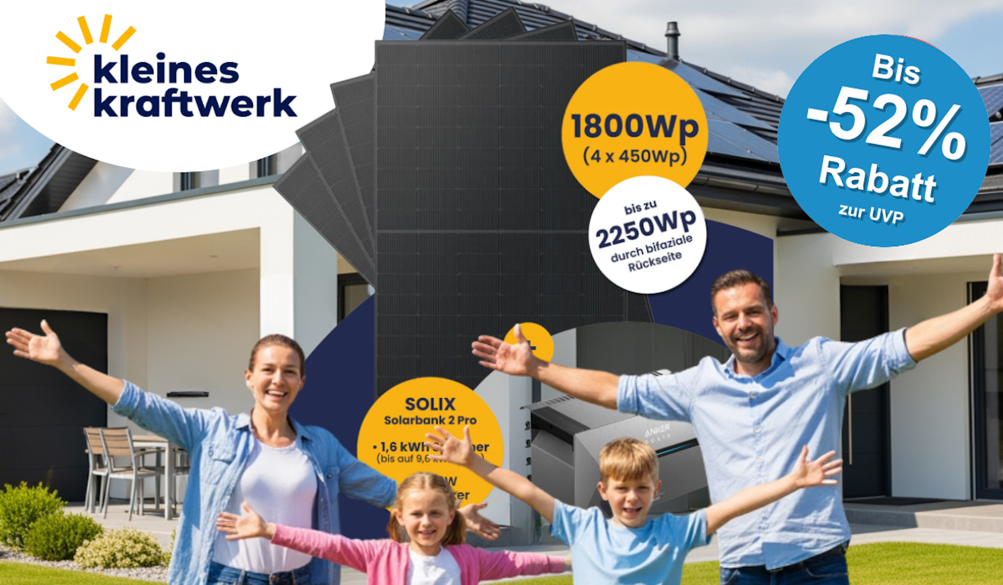 Der Kleines Kraftwerk Deal vor einer Familie und Haus.