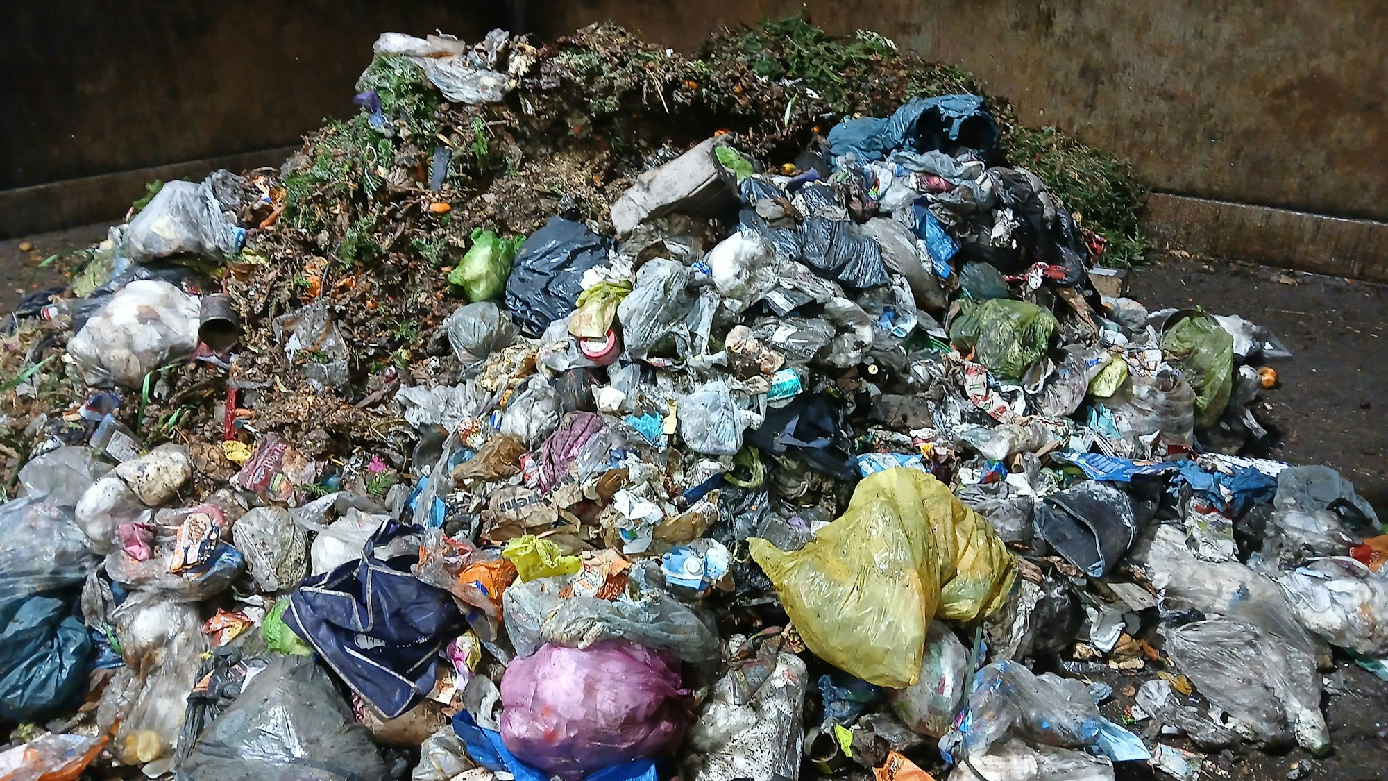 Ein Müllberg aus vielen Beuteln, aber auch mit Bioabfall.