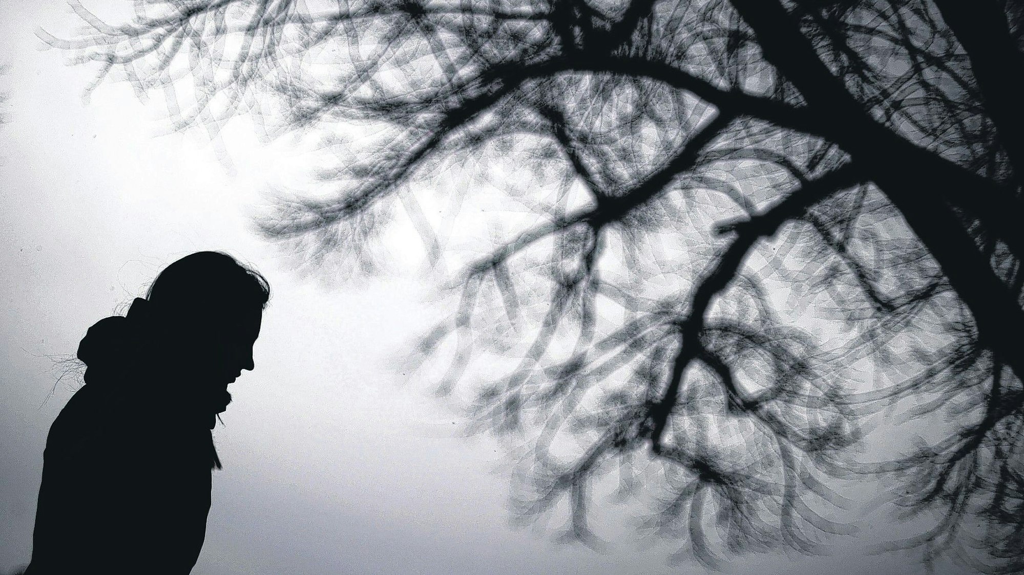 Die Silhouette einer Frau vor der Silhouette eines blattlosen Baums.