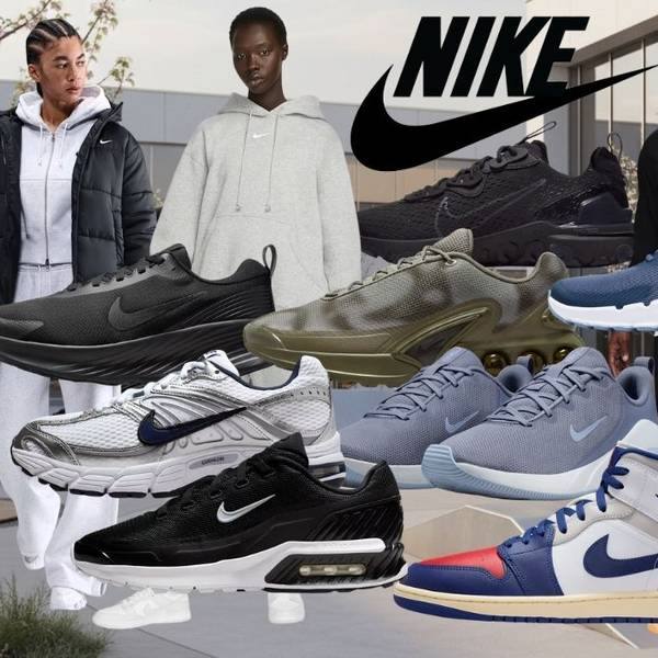 Nike Sneaker wie Air Force 1, Shox, Air Jordan, Air Max Pulse. Dazu Models mit Nike Trainingsanzügen und Jacken im Nike Sale vor einem urbanen Stadthintergrund mit blühenden Bäumen.