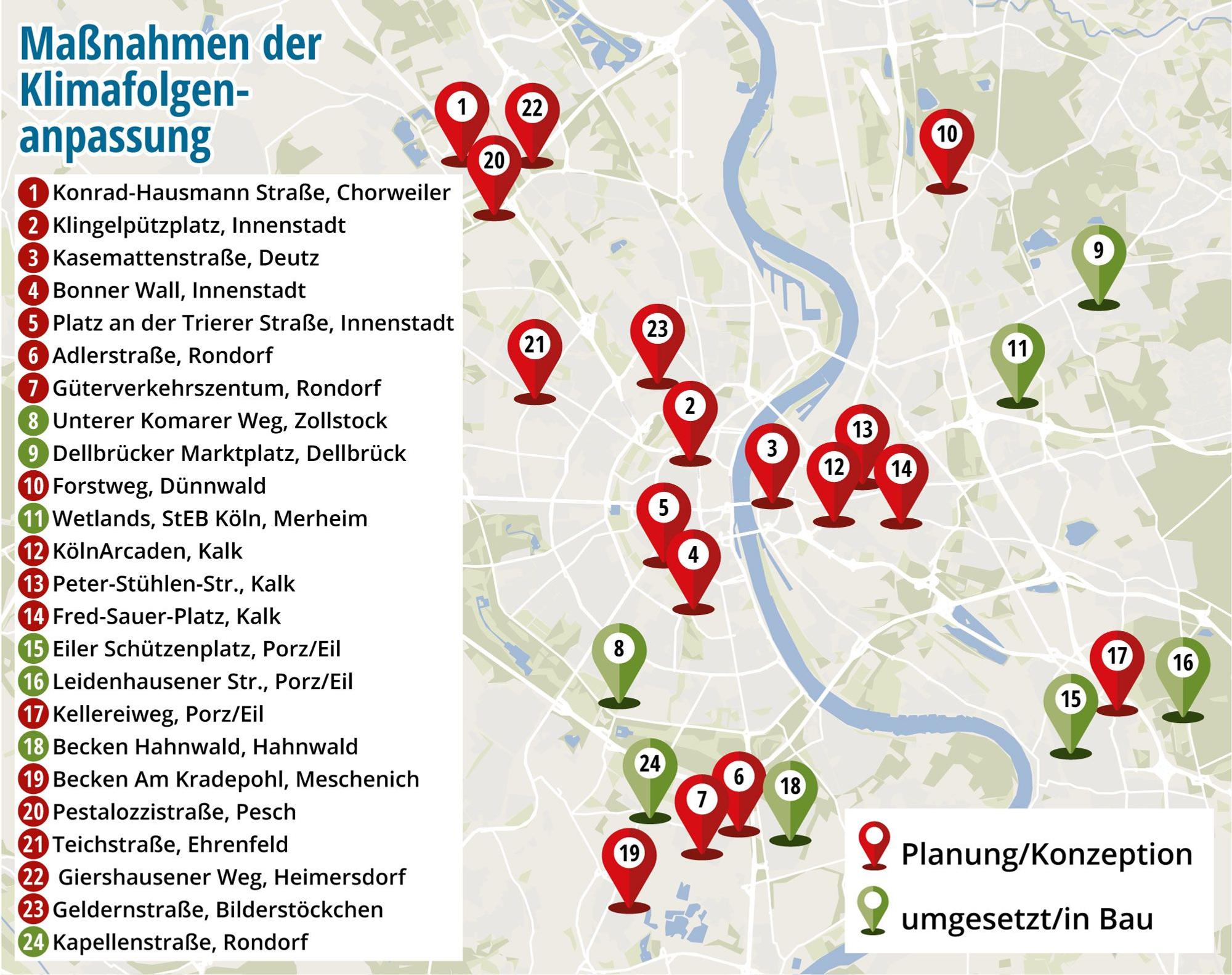 Eine Karte mit 24 Stecknadelköpfen zeigt Maßnahmen der Klimafolgenanpassung in Köln. Sieben Projekte sind grün markiert, was heißt sie sind fertig oder befinden sich im Bau. Die anderen rot, das heißt, sie befinden sich in der Planungs- oder Konezptionsphase.