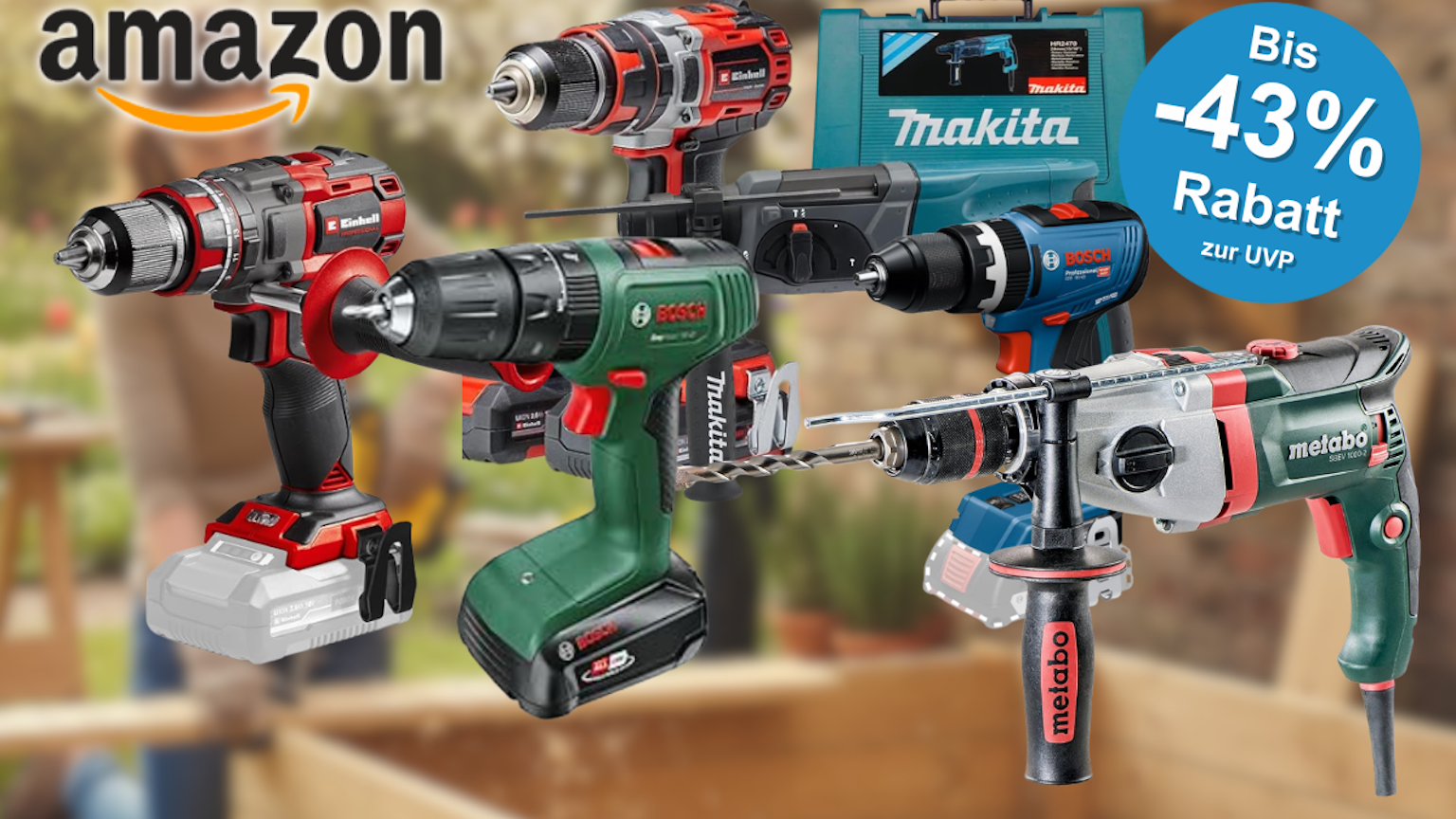 Bohrmaschinen und Bohrschrauber von Marken wie Bosch Professional, Makita, Einhell, Metabo und Bosch Home and Garden.