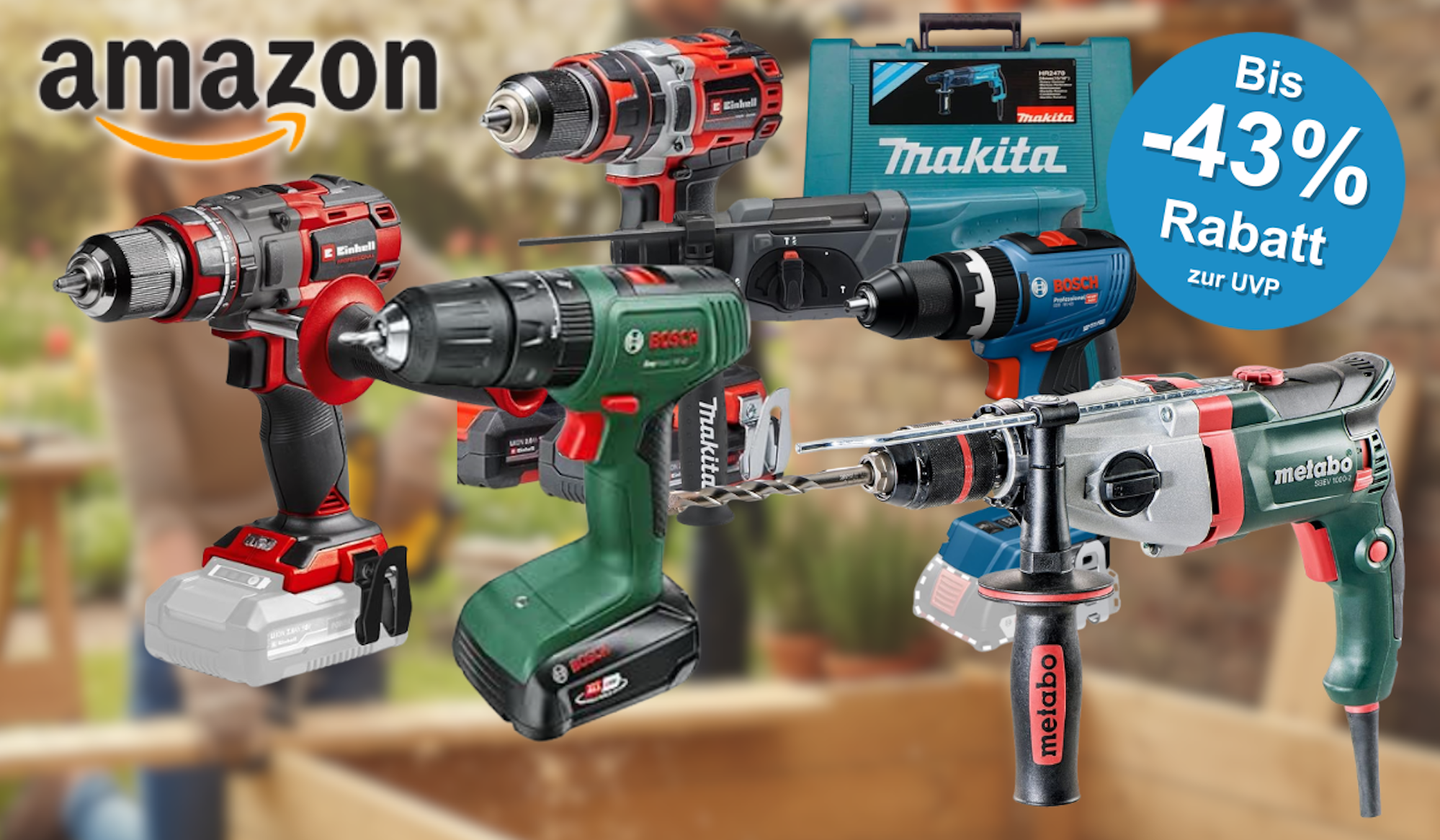 Bohrmaschinen und Bohrschrauber von Marken wie Bosch Professional, Makita, Einhell, Metabo und Bosch Home and Garden.