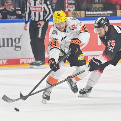 Eishockey DEL - 25/26 - 44. Spieltag: Kölner Haie vs Löwen Frankfurt am 27.01.2026 in der LANXESS arena in Köln Kölns Nate Schnarr Nr.76 gegen Frankfurts Chris Wilkie Nr.84 *** Ice Hockey DEL 25 26 44 Matchday Kölner Haie vs Löwen Frankfurt on 27 01 2026 at the LANXESS arena in Cologne Nate Schnarr Nr 76 vs Frankfurts Chris Wilkie Nr 84 WD