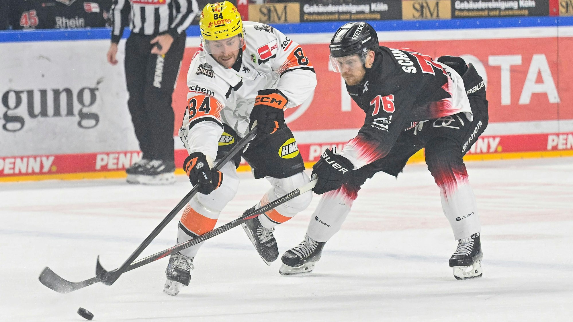 Eishockey DEL - 25/26 - 44. Spieltag: Kölner Haie vs Löwen Frankfurt am 27.01.2026 in der LANXESS arena in Köln Kölns Nate Schnarr Nr.76 gegen Frankfurts Chris Wilkie Nr.84 *** Ice Hockey DEL 25 26 44 Matchday Kölner Haie vs Löwen Frankfurt on 27 01 2026 at the LANXESS arena in Cologne Nate Schnarr Nr 76 vs Frankfurts Chris Wilkie Nr 84 WD