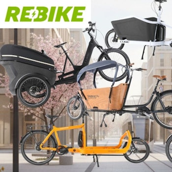 Collage verschiedener refurbished E-Lastenräder unterschiedlicher Marken (u. a. Cube, Babboe, Riese & Müller) vor urbanem Hintergrund, mit Rebike-Logo und dem Hinweis auf bis zu 45% Rabatt zur UVP.
