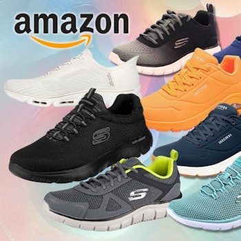 Skechers Sneaker vor einem farbenfrohen Hintergrund.