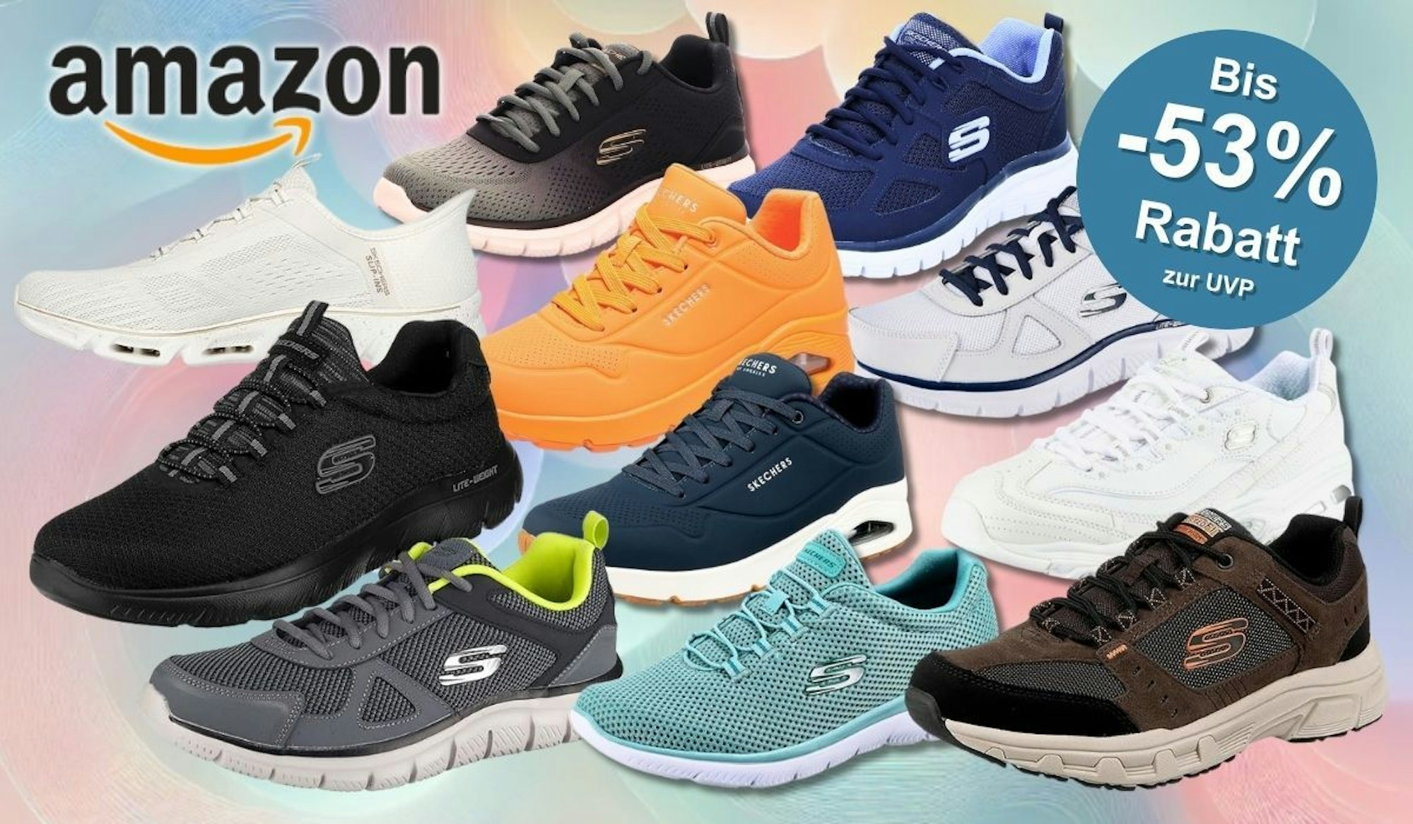 Skechers Sneaker vor einem farbenfrohen Hintergrund.