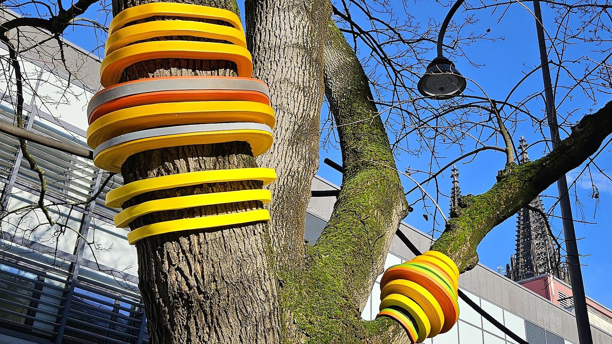 Um einen Baum sind gelbe und orangefarbene Bänder gewickelt.
