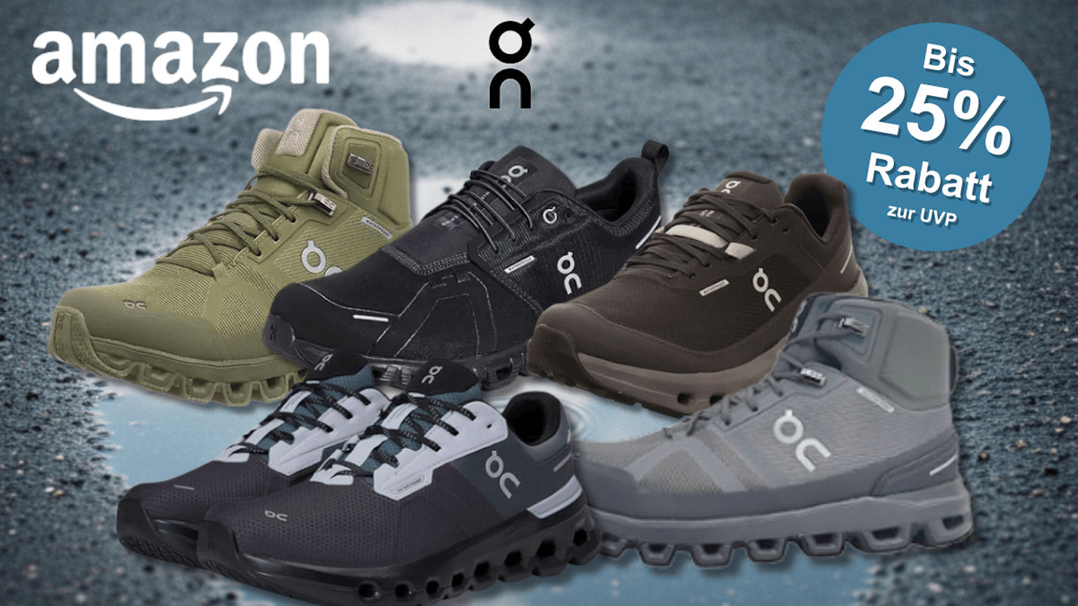 Zwei wasserdichte On Sneaker Modelle vor einem Wassertropfen Hintergrund.