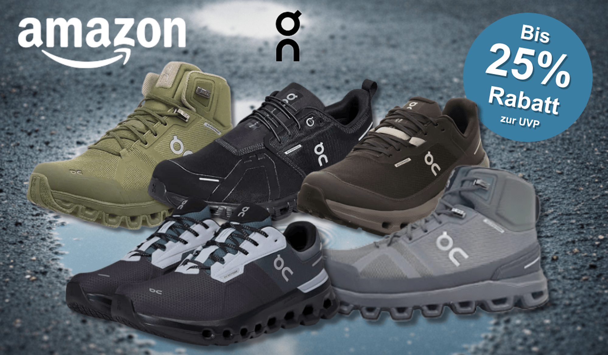 Zwei wasserdichte On Sneaker Modelle vor einem Wassertropfen Hintergrund.