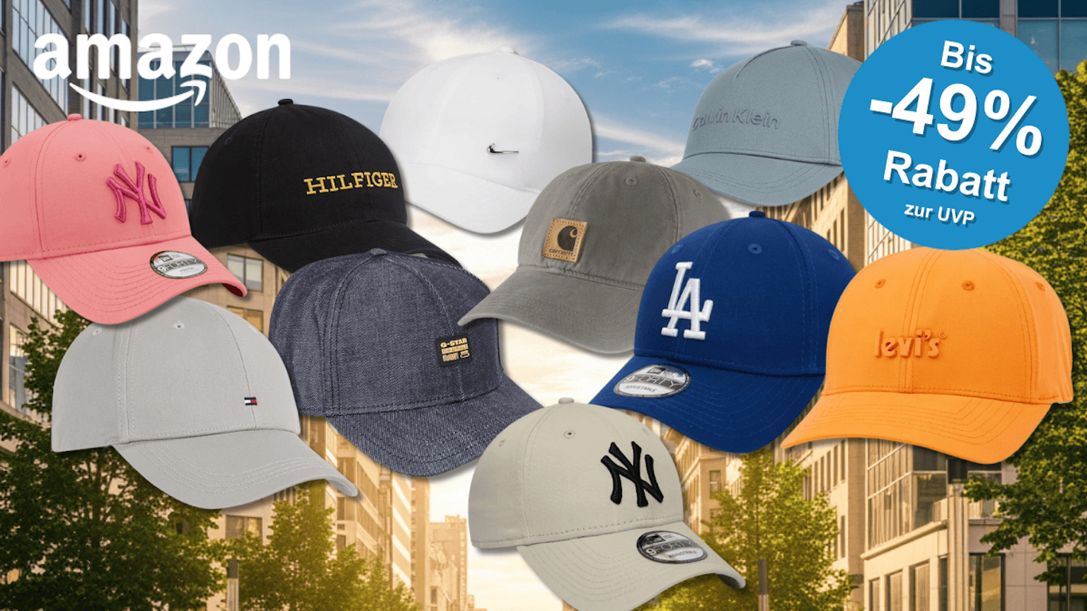 Verschiedene Caps aus dem Amazon Sale vor einem sonnigen Hintergrund.