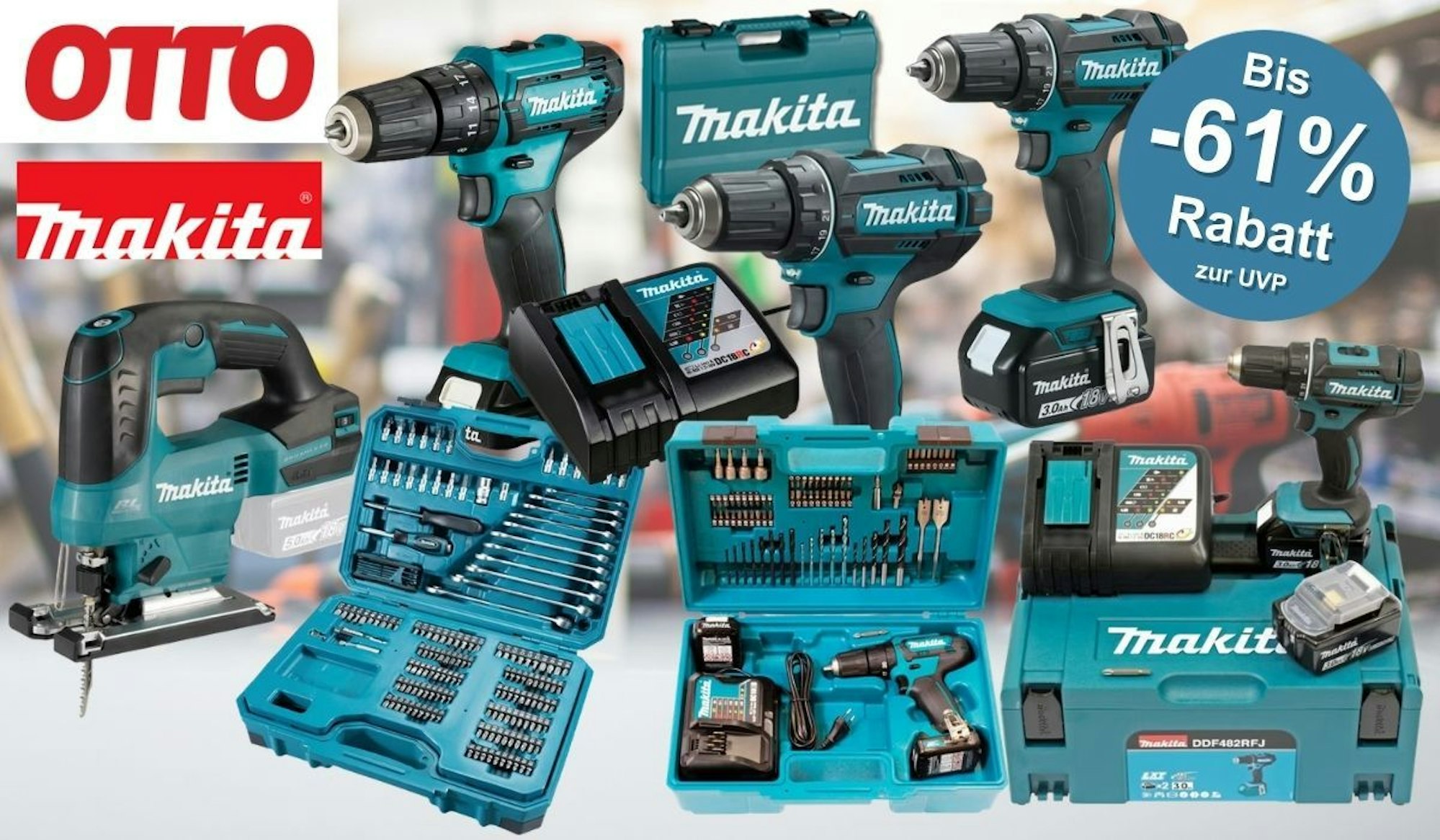 Makita Produkte wie Werkzeuge und Zubehör Geräte, Akku-Bohrschrauber, Werkzeugkoffer, Bohrer-Bits, Stichsäge vor einem Hintergrund eines Baumarkts bzw. einer Werkstatt.