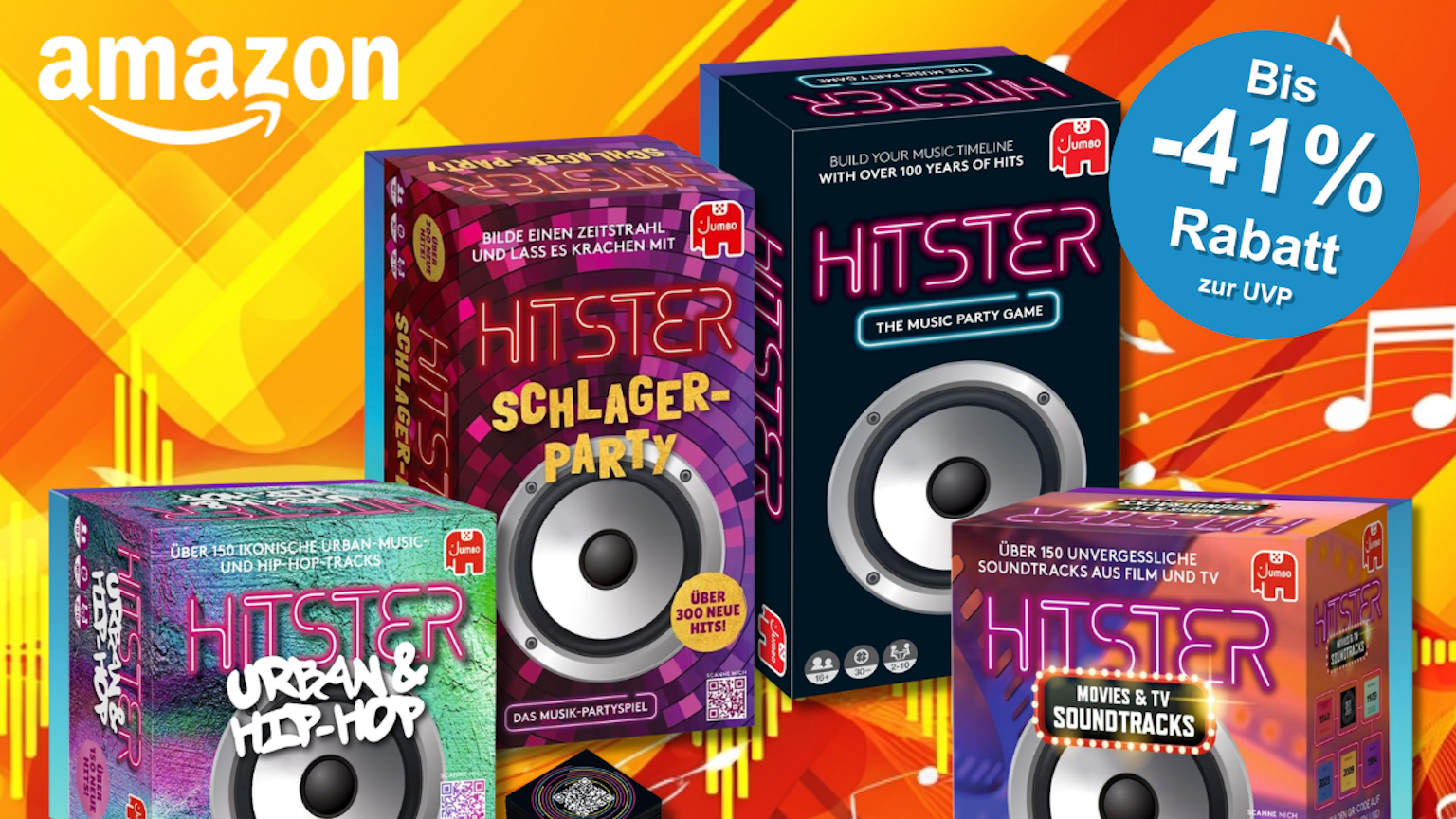 Hitster Original, Hitster Schlager-Party, Hitster Urban & Hip Hop und Hitster Filme & Soundtracks vor einem orangenen Hintergrund.