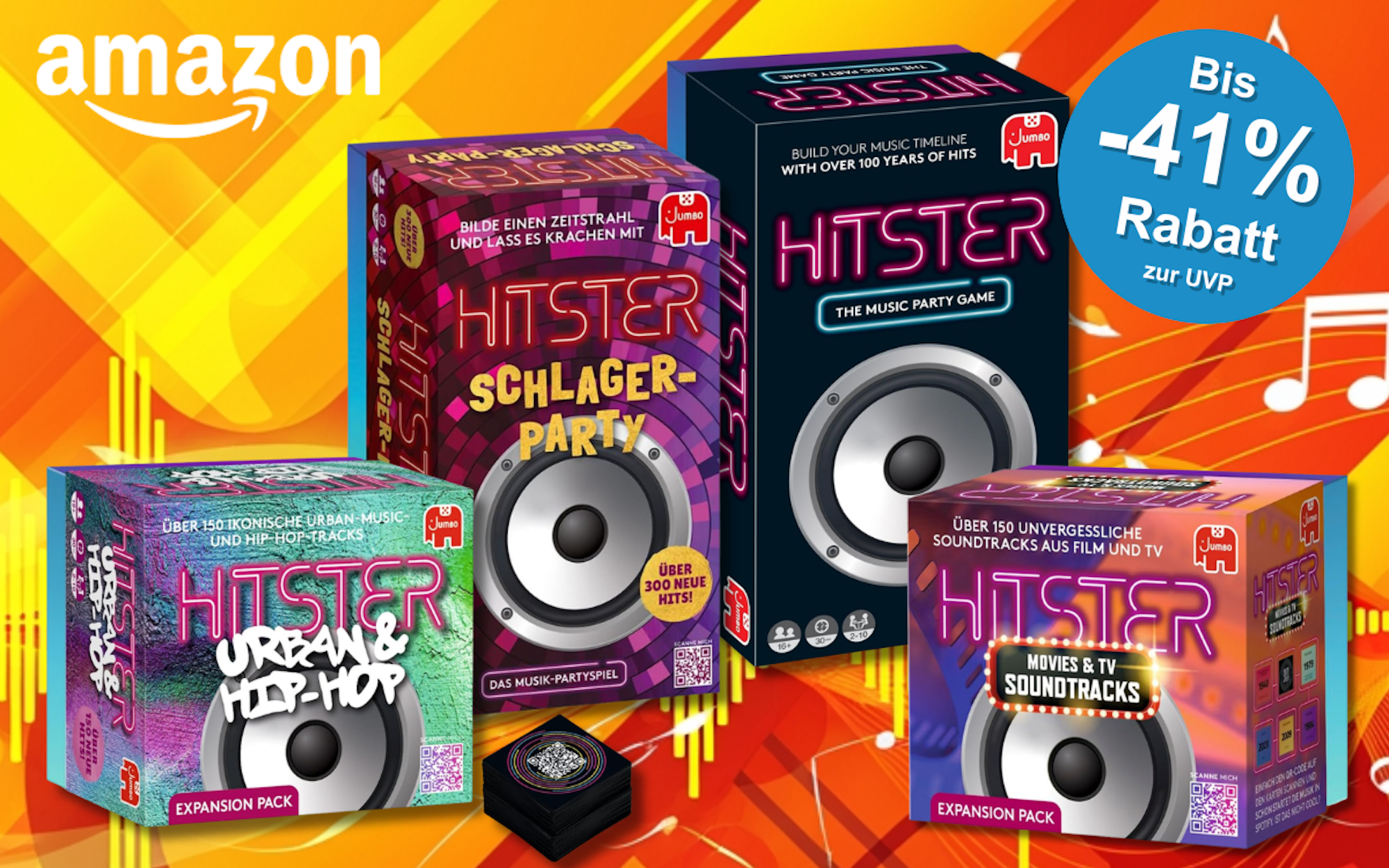 Hitster Original, Hitster Schlager-Party, Hitster Urban & Hip Hop und Hitster Filme & Soundtracks vor einem orangenen Hintergrund.