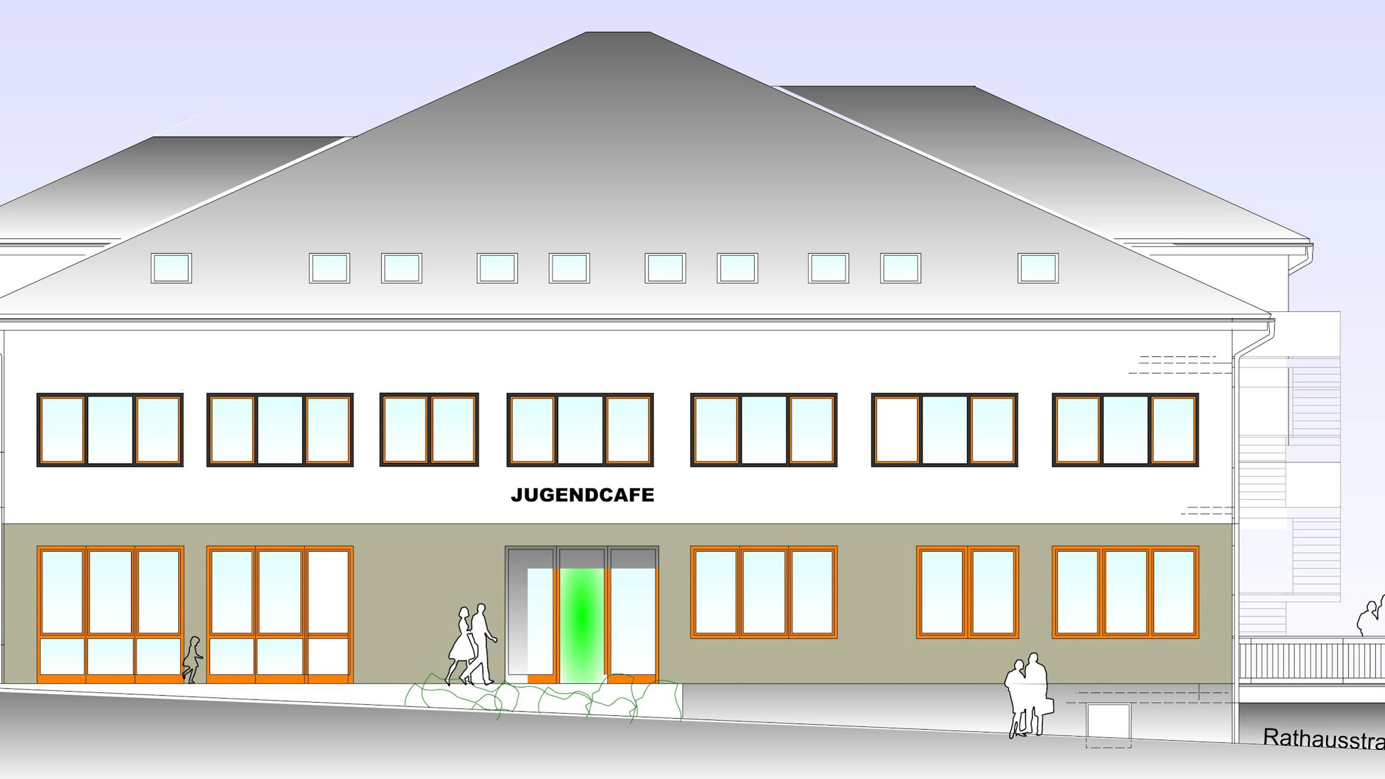 Ansicht eines Jugendhilfezentrums mit Büroflächen, Tiefgarage und Laden auf dem Schulcampus in neunkirchen-Seelscheid