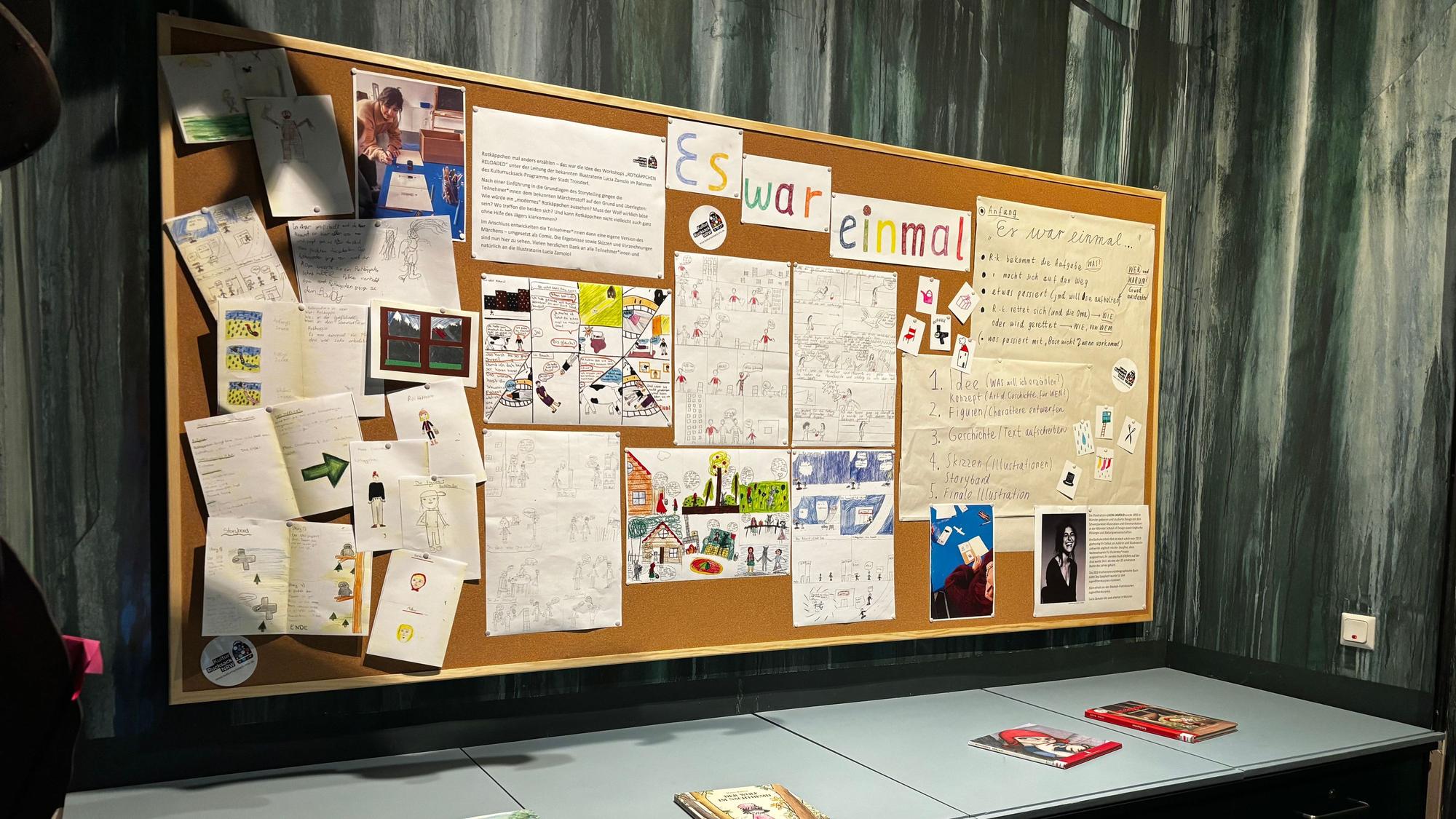 Die Pinnwand im Rotkäppchenraum. Zettel und selbstgemalte Bilder sind an der Pinnwand befestigt.