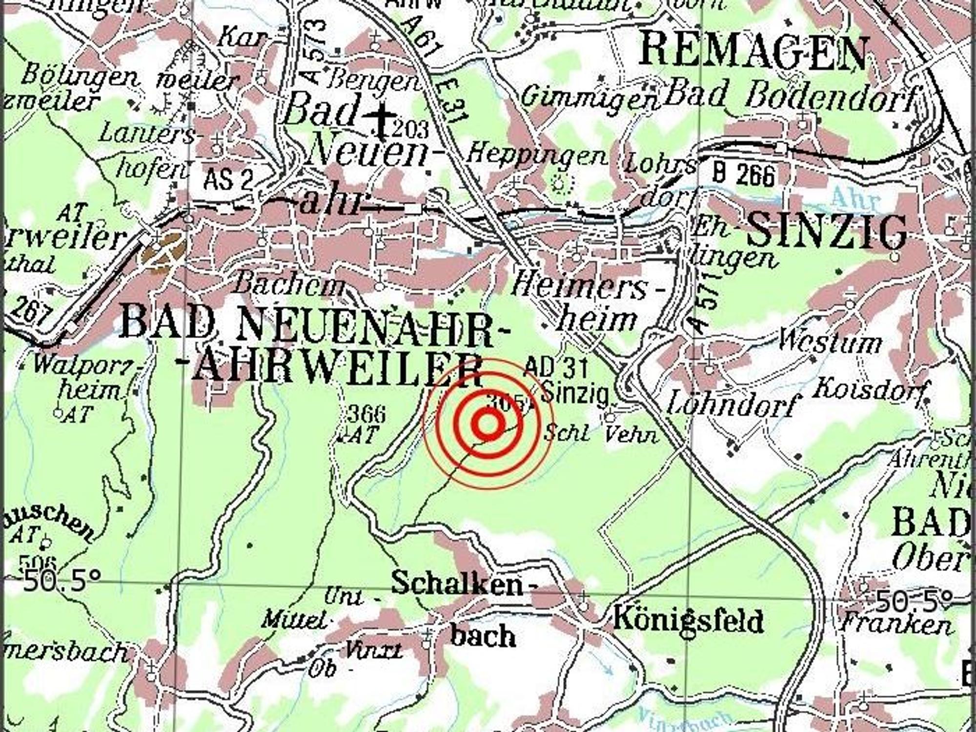 Die Grafik zeigt das Erdbeben mit seinem Epizentrum bei Bad Neuenahr.