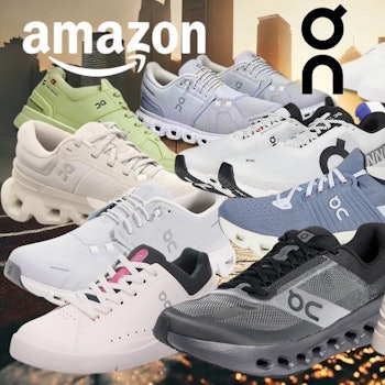 On Sneaker Running Schuhe und Laufschuhe vor einer Stadtkulisse in der Morgendämmerung.