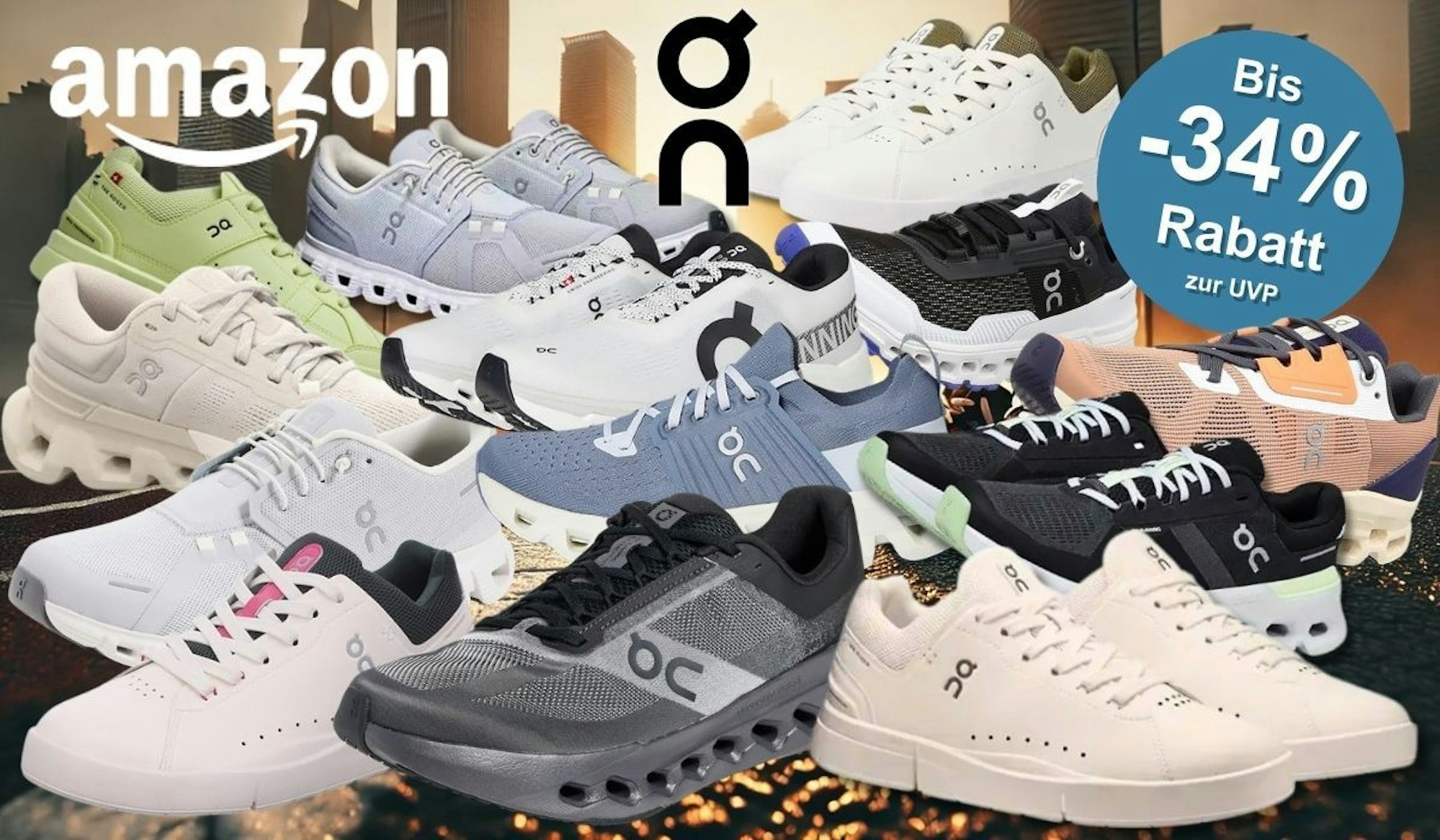 On Sneaker Running Schuhe und Laufschuhe vor einer Stadtkulisse in der Morgendämmerung.