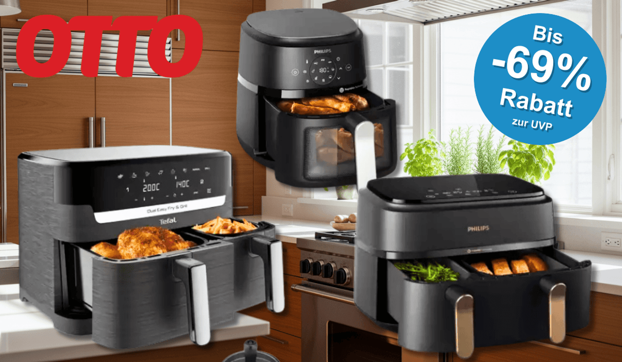 3 Airfryer vor einem Küchen-Hintergrund.