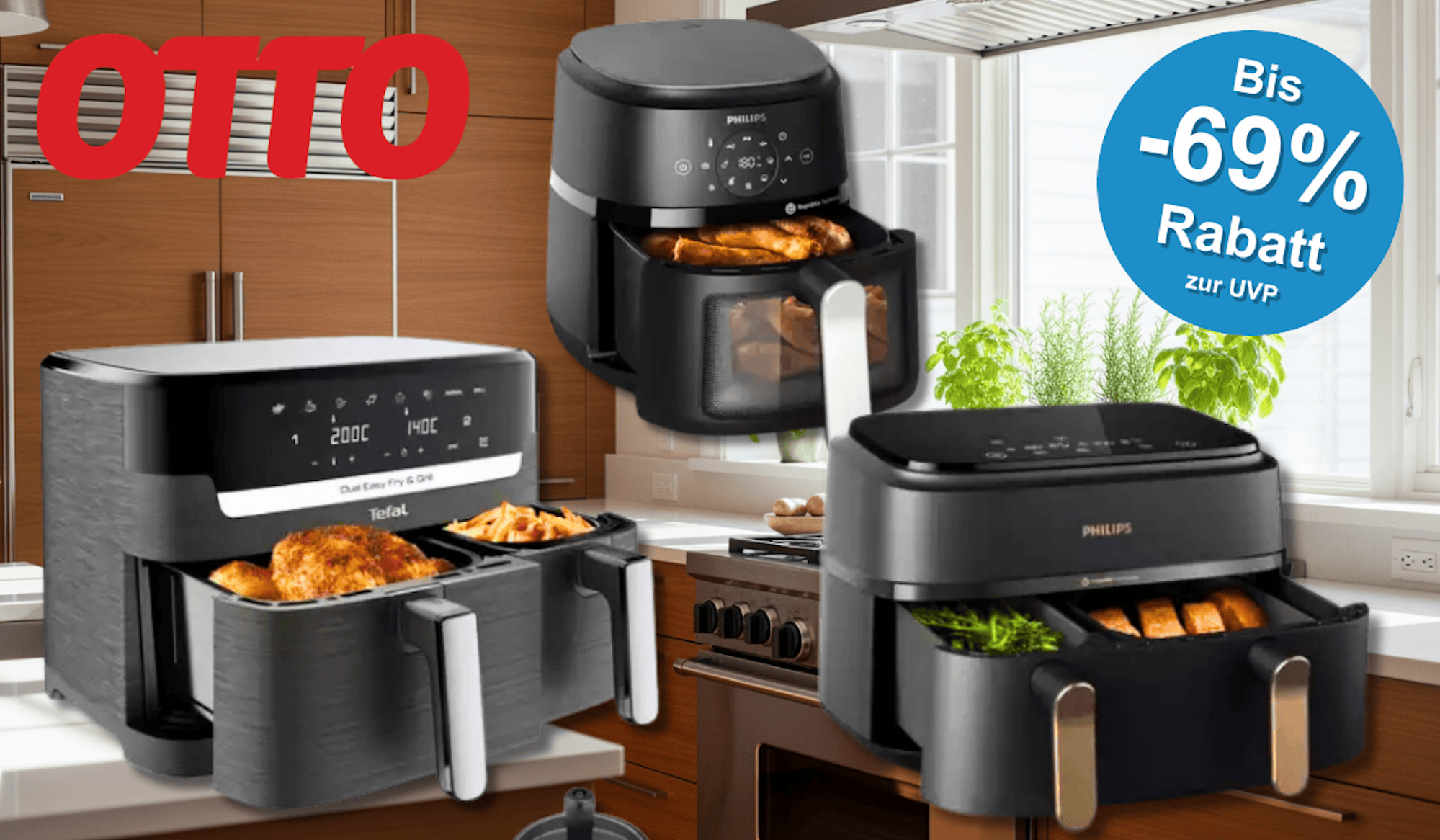 3 Airfryer vor einem Küchen-Hintergrund.