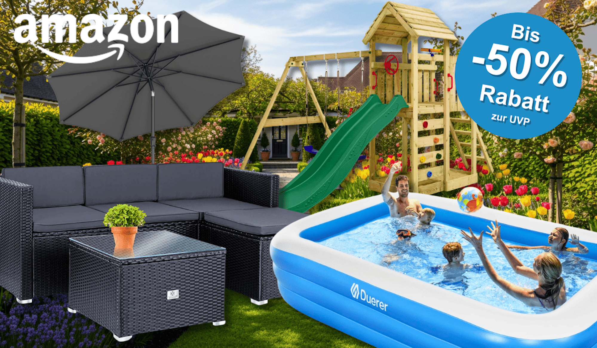 Eine Sitzecke, ein Pool, ein Klettergerüst und ein Sonnenschirm vor einem Garten Hintergrund.