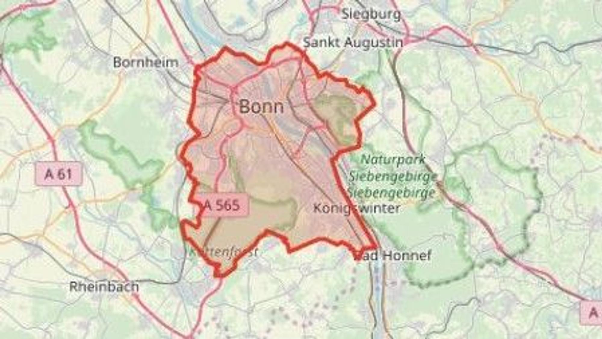 Die Karte zeigt das Warngebiet um die Müllverwertungsanlage in Bonn. Es handelte sich um die erste Warnstufe: Gefahrenwarnung bei Gefahr für die Bevölkerung.
