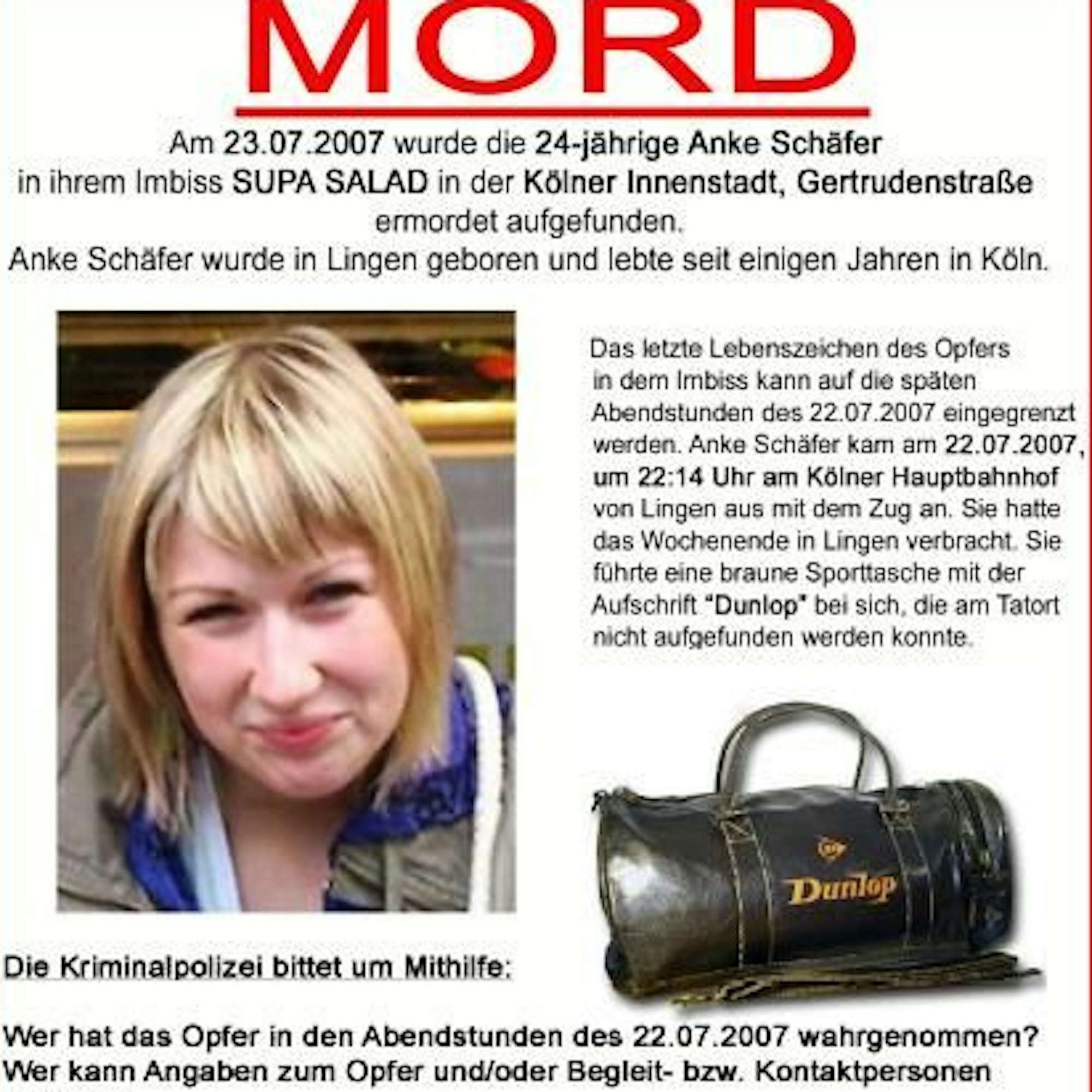 Die Polizei bittet nach dem Mord an Anke Schäfer um Zeugenhinweise.