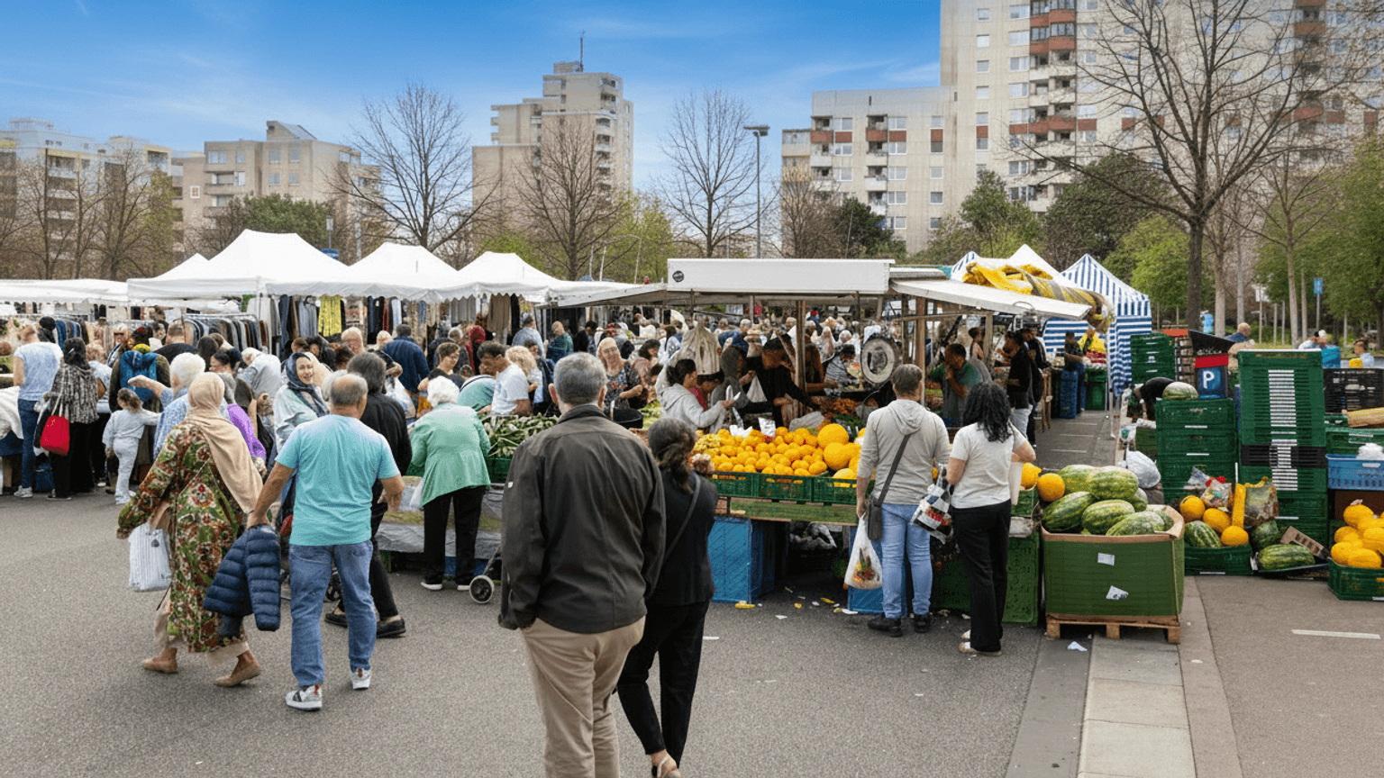 Das Bild zeigt einen belebten Wochenmarkt, auf dem viele Menschen an Marktständen einkaufen. Im Hintergrund ragen mehrere Hochhäuser in den bewölkten Himmel.