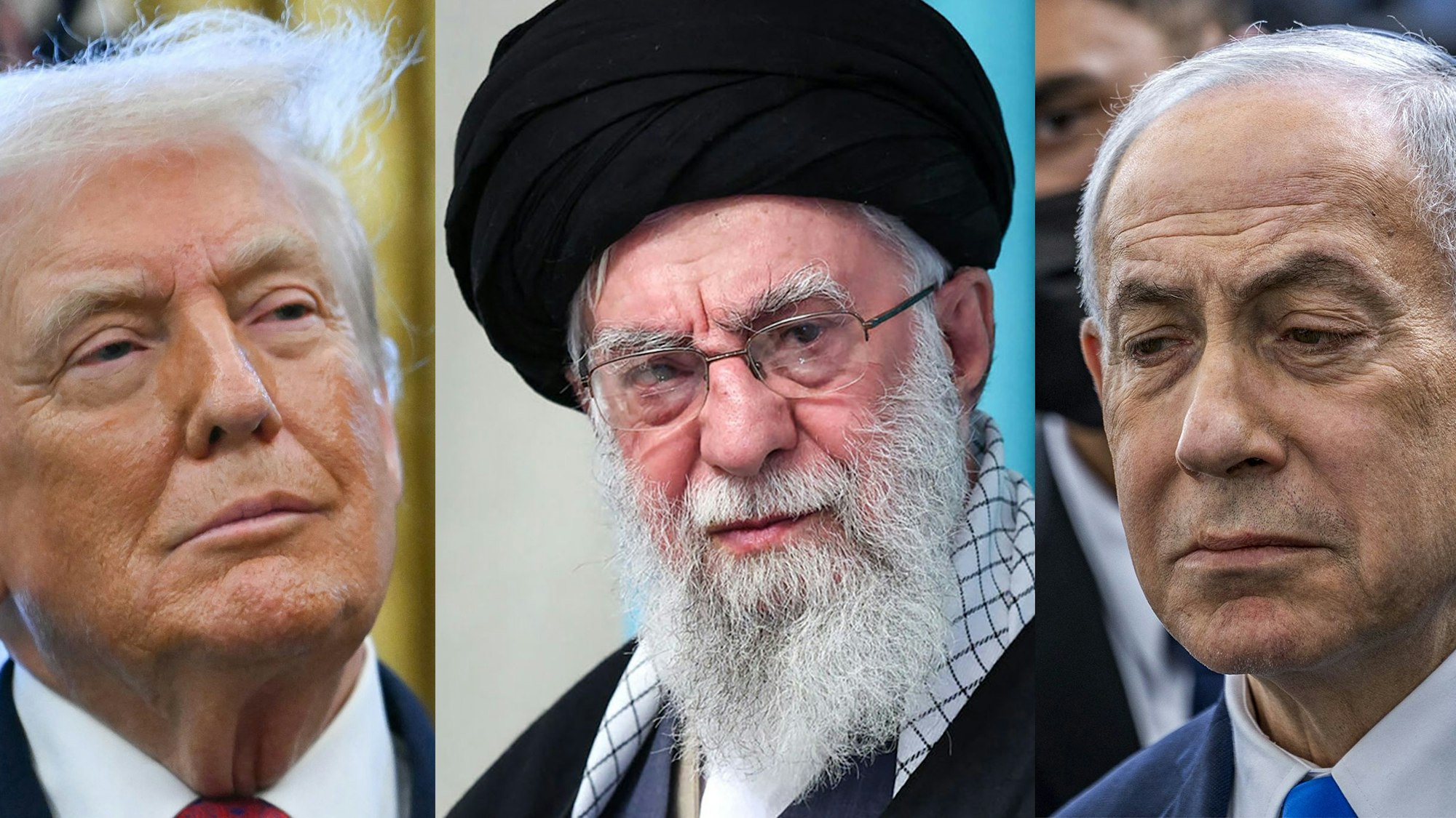 Von links: US-Präsident Donald Trump, Irans Revolutionsführer Ali Khamenei und Israels Ministerpräsident Benjamin Netanyahu. Die USA und Israel starteten am 28. Februar Angriffe auf iranische Ziele, Teheran reagierte mit Raketenbeschuss.