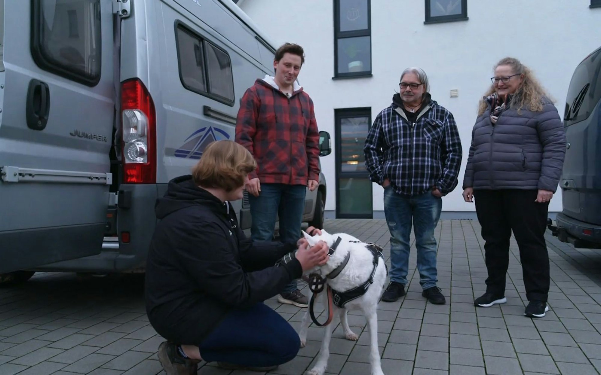 Elvis zieht bei Kerstin und Antonello ein. Hundetrainer Marcel Wunderlich (links) steht ihnen zur Seite. (Bild: RTL)