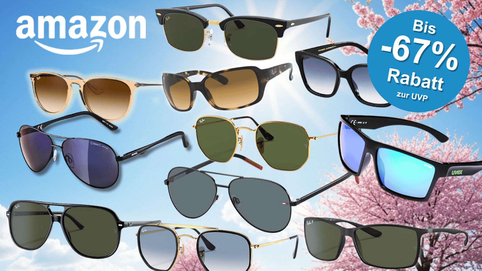 Sonnenbrillen von verschiedenen Marken wie Ray-Ban, UVEX, Oakley, Tommy Hilfiger, Carrera u.v.m. vor einem sonnigen Hintergrund.