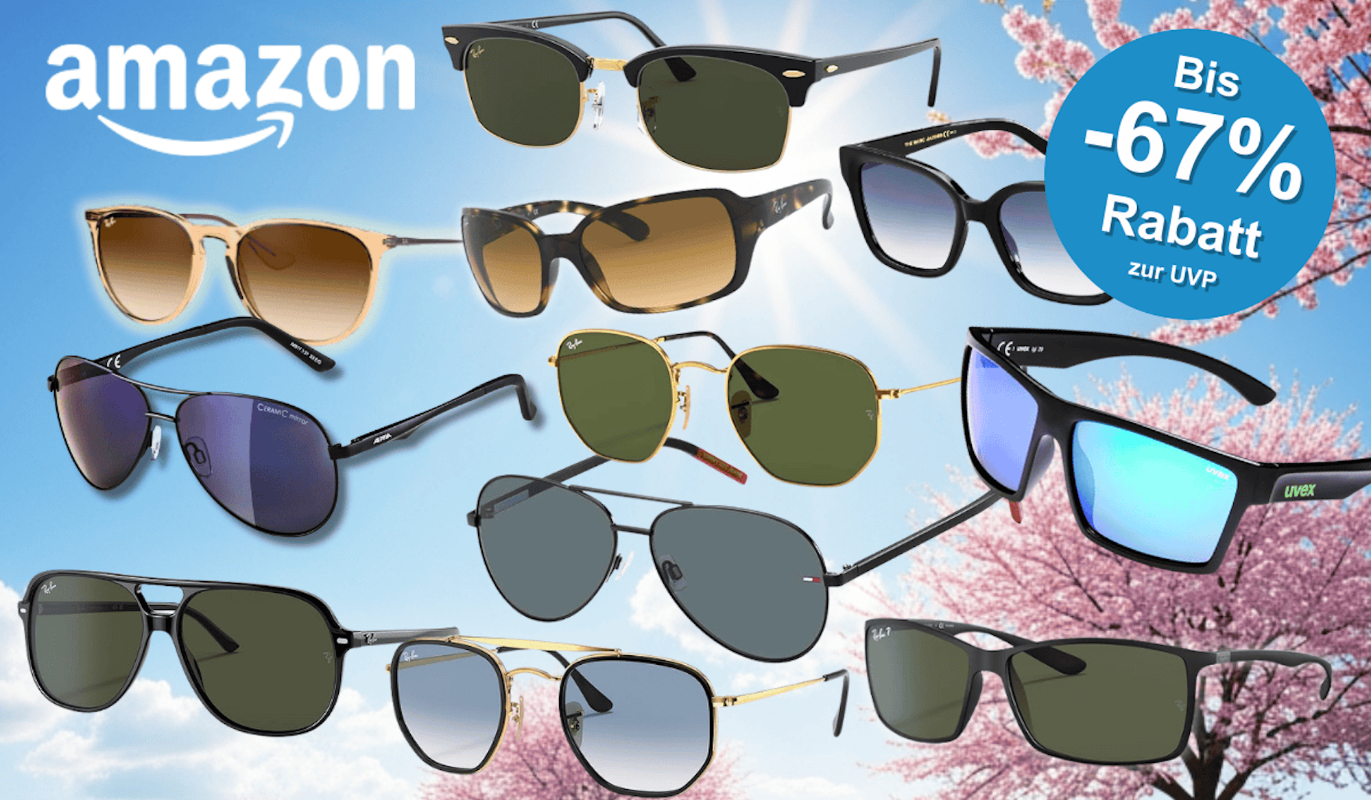 Sonnenbrillen von verschiedenen Marken wie Ray-Ban, UVEX, Oakley, Tommy Hilfiger, Carrera u.v.m. vor einem sonnigen Hintergrund.