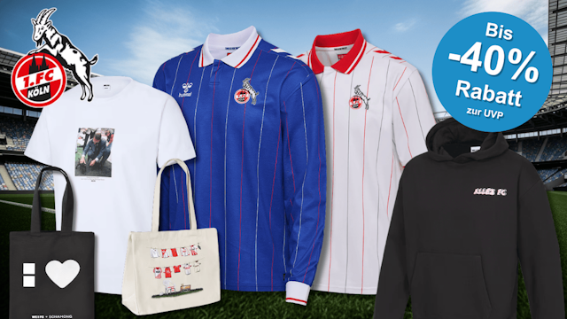 Verschiedene Produkte aus dem FC Fanshop vor einem Stadion.