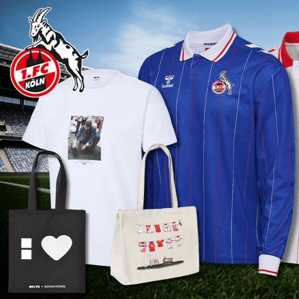 Verschiedene Produkte aus dem FC Fanshop vor einem Stadion.