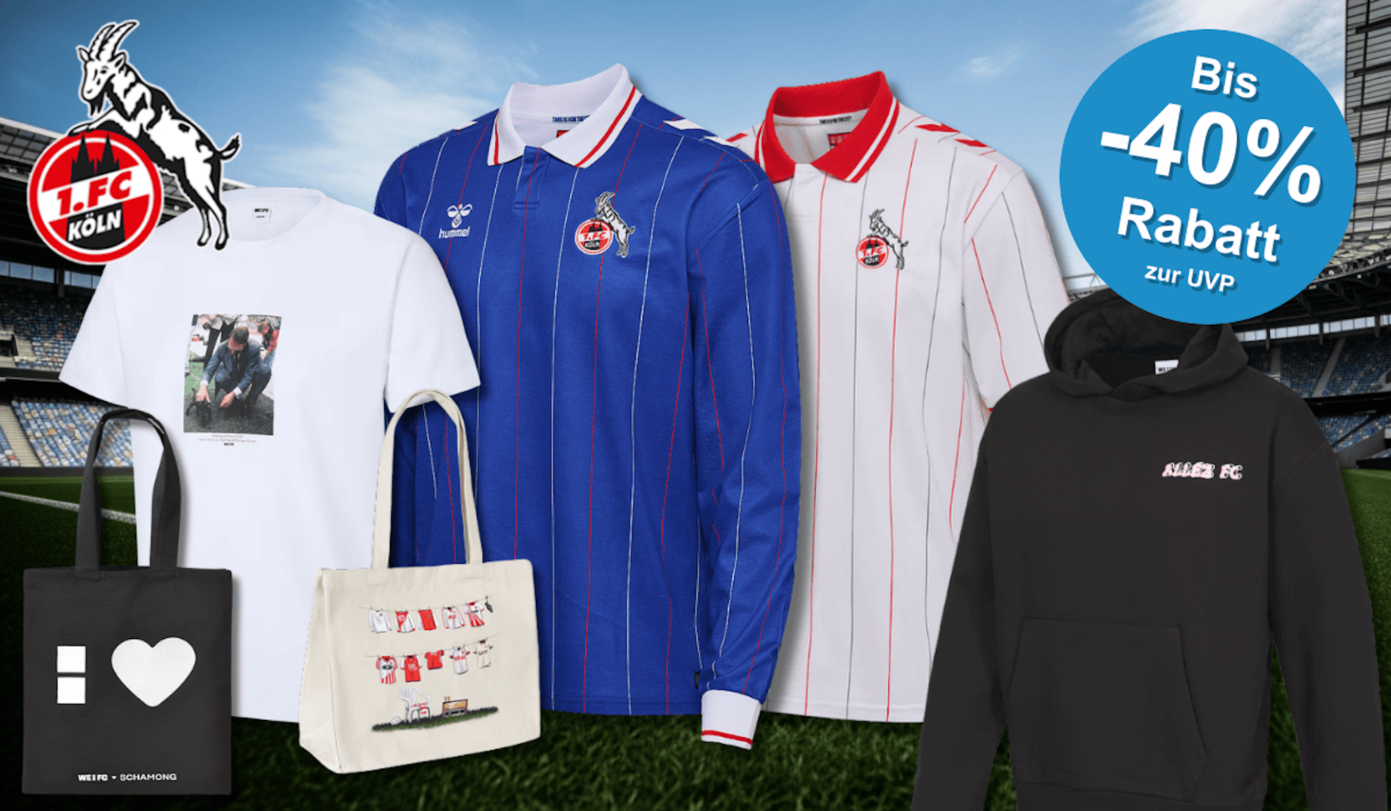 Verschiedene Produkte aus dem FC Fanshop vor einem Stadion.