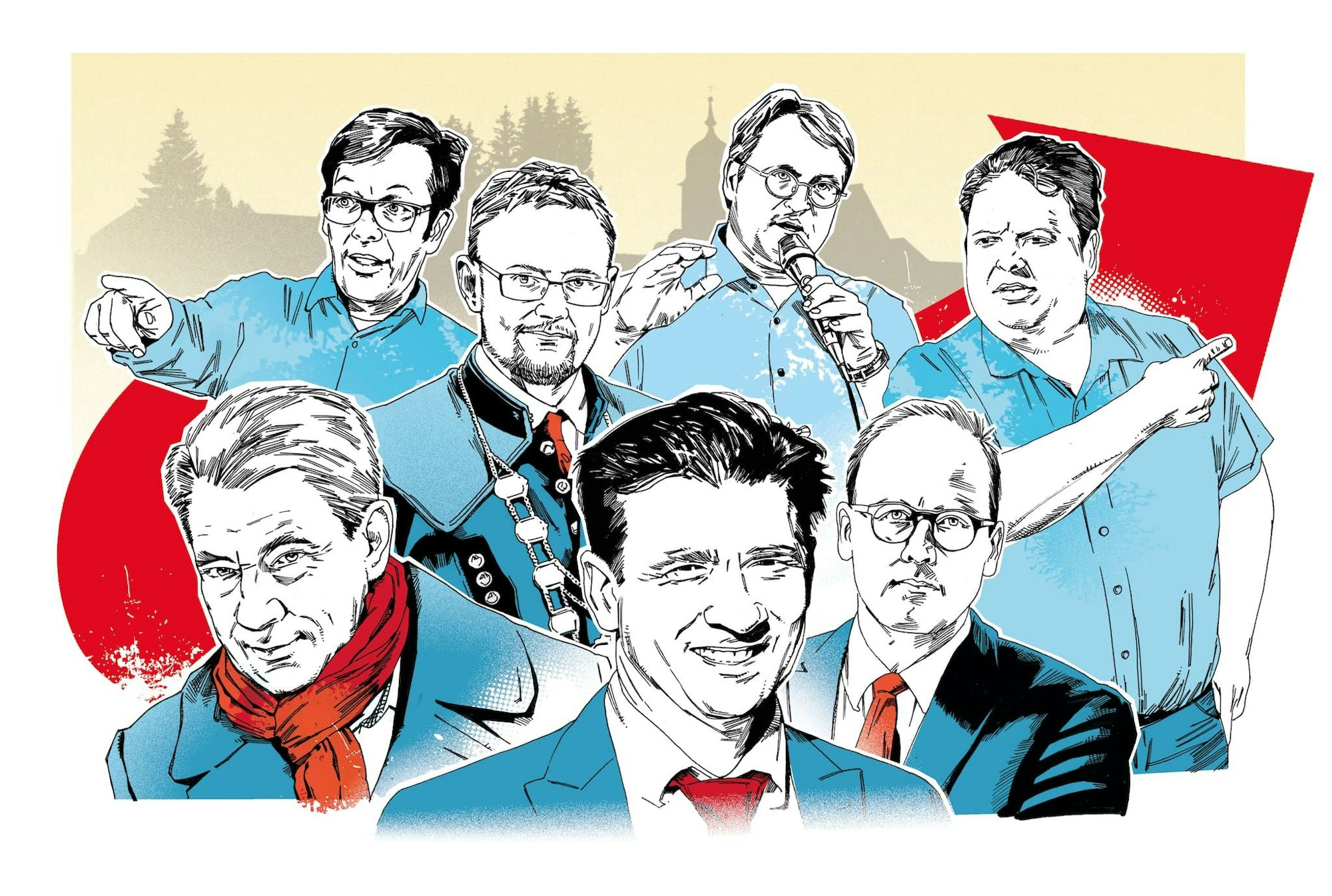 AfD-Bürgermeister André Barth (hinten links), Tim Lochner (vorn links), Rolf Weigand (Mitte links), Arne Raue (Mitte vorn), Laurens Nothdurft (rechts daneben) und Hannes Loth (ganz rechts) sowie AfD-Landrat Sesselmann (hinten mit Mikro).