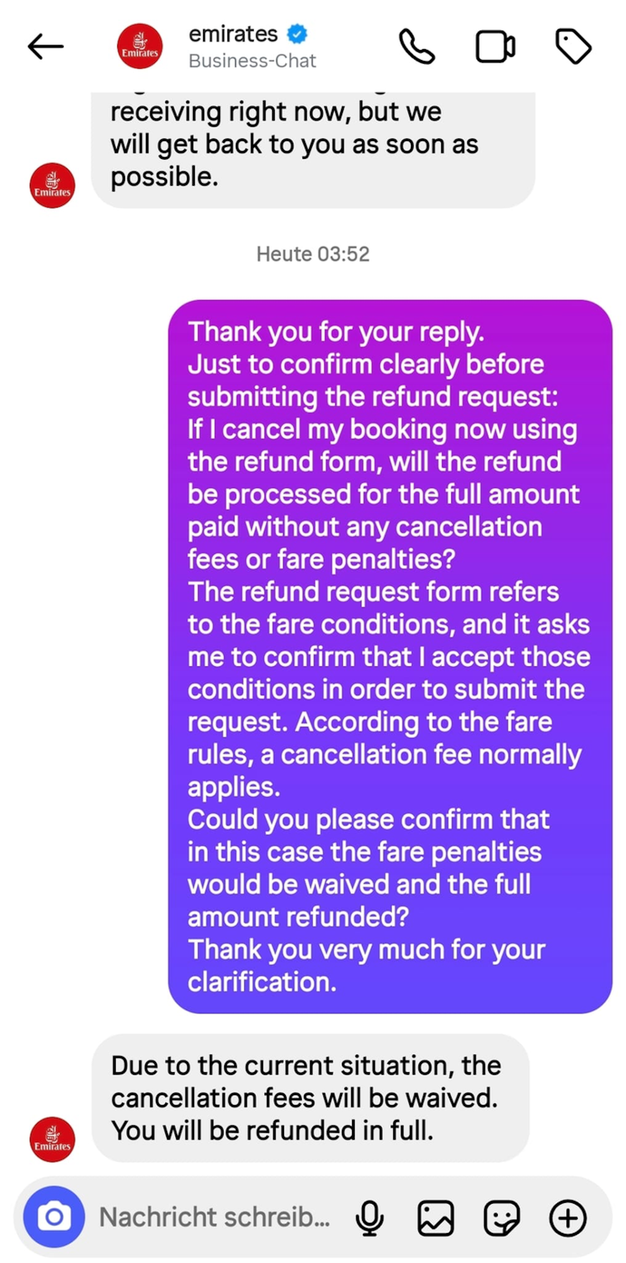Screenshot von einer erfolgreichen Kommunikation mit Emirates Airlines.