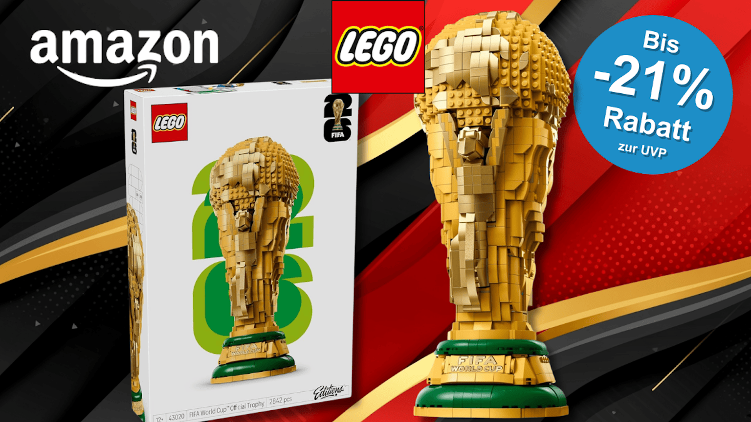 Der LEGO FIFA Pokal vor einem schwarz, rot, goldenen Hintergund.
